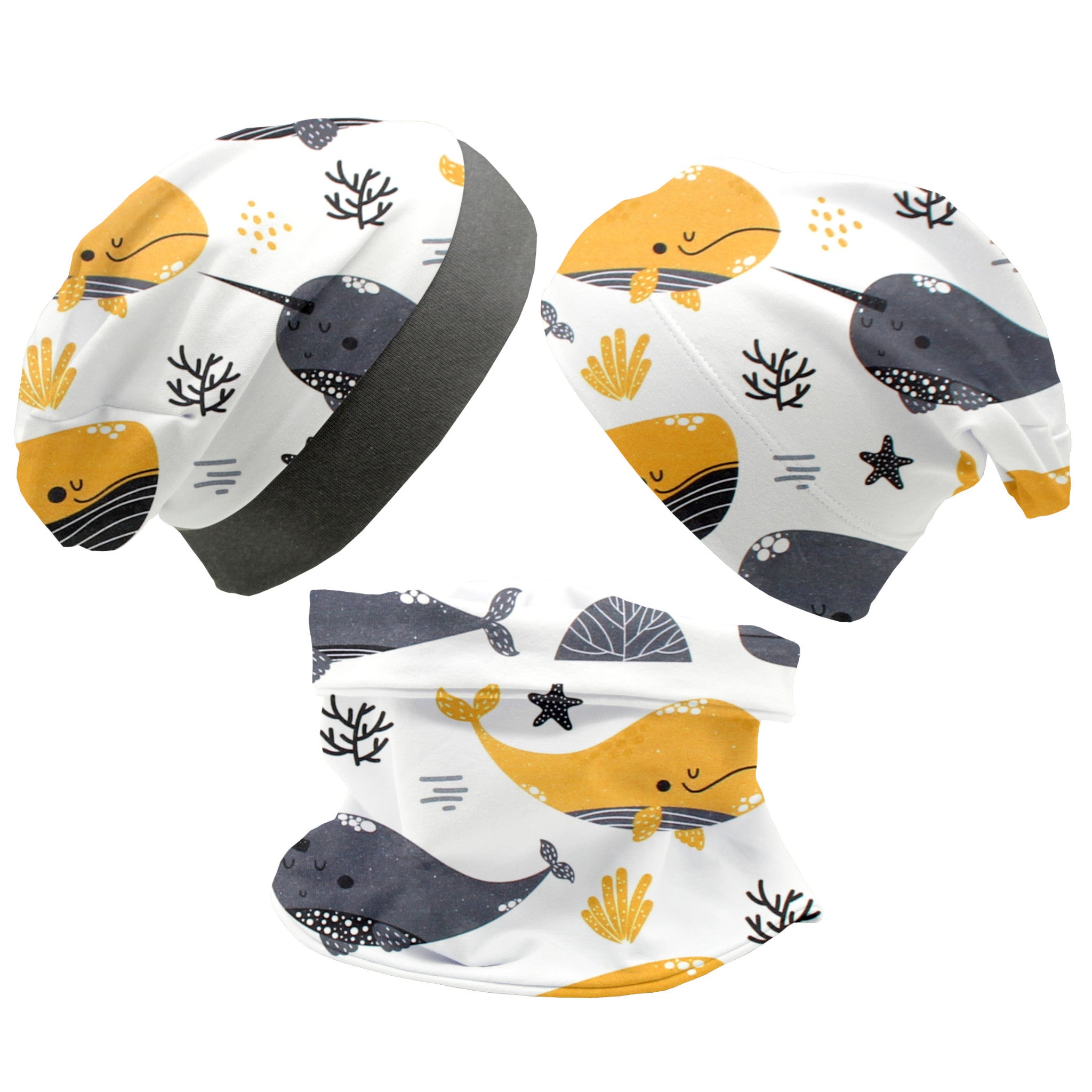 Beanie und Loop Set für Babys und Kinder "Wale senf"