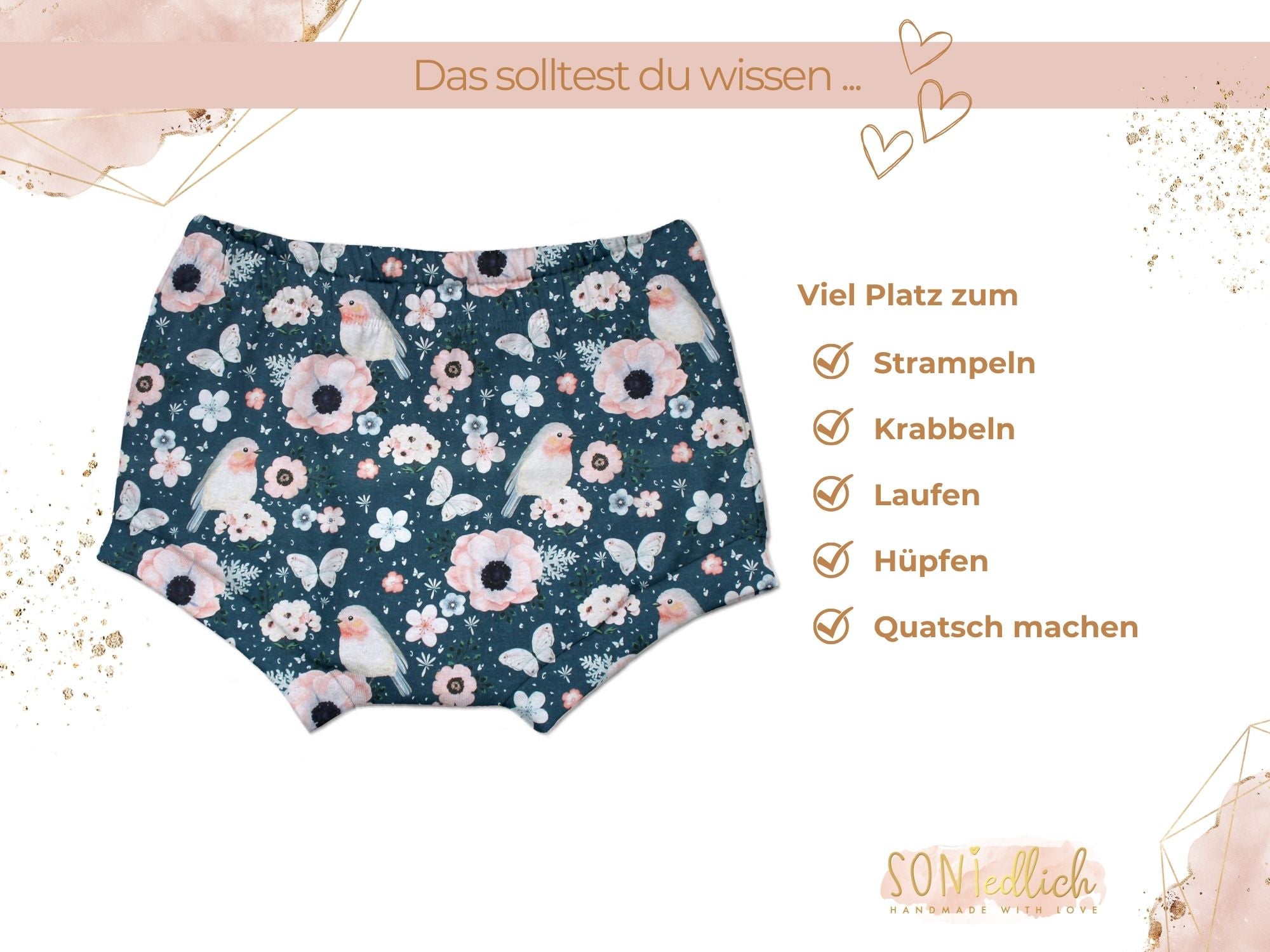 Bummie für Babys und Kinder „little birds, petrol“ Beschreibung1