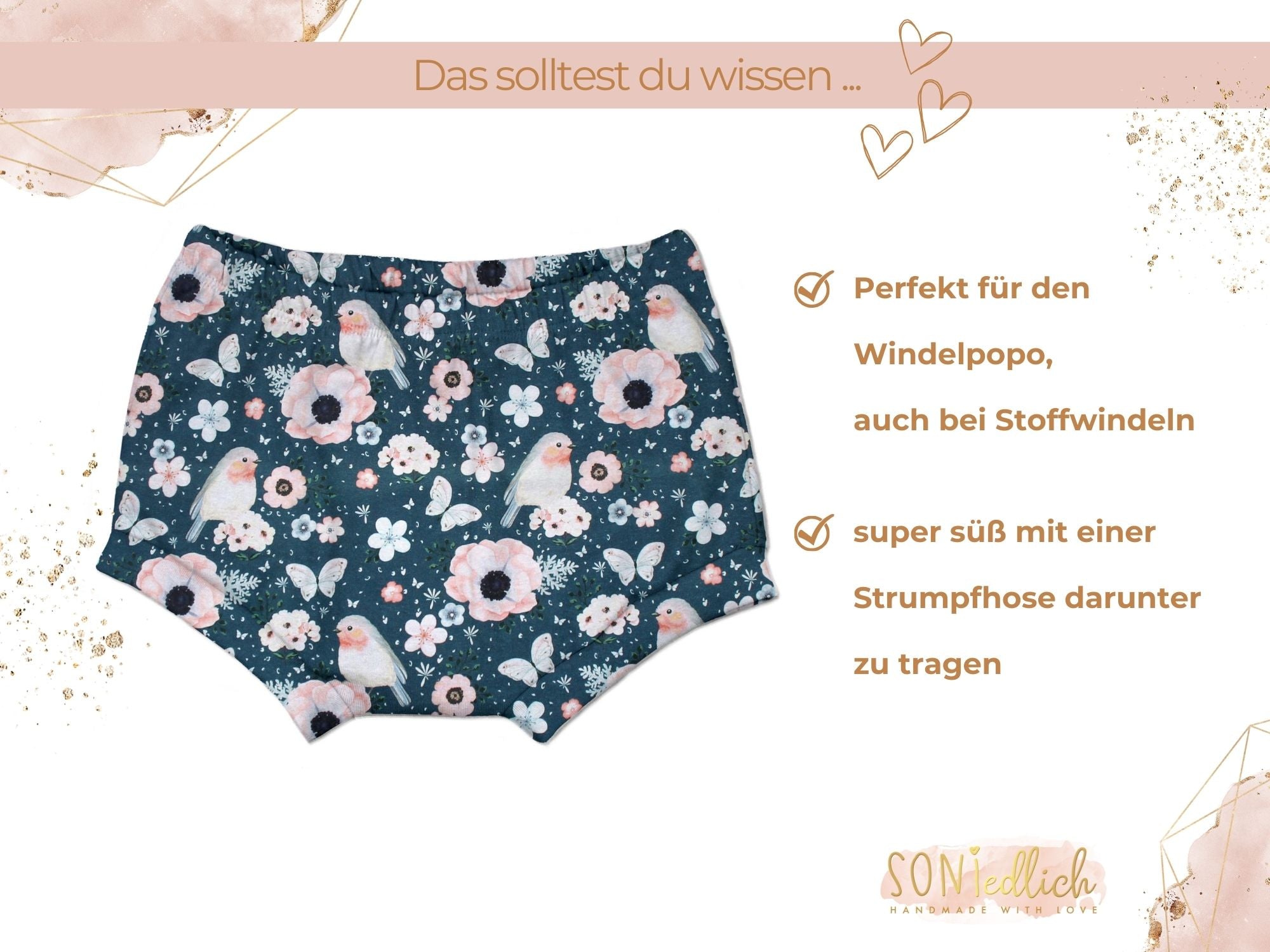 Bummie für Babys und Kinder „little birds, petrol“ Beschreibung2