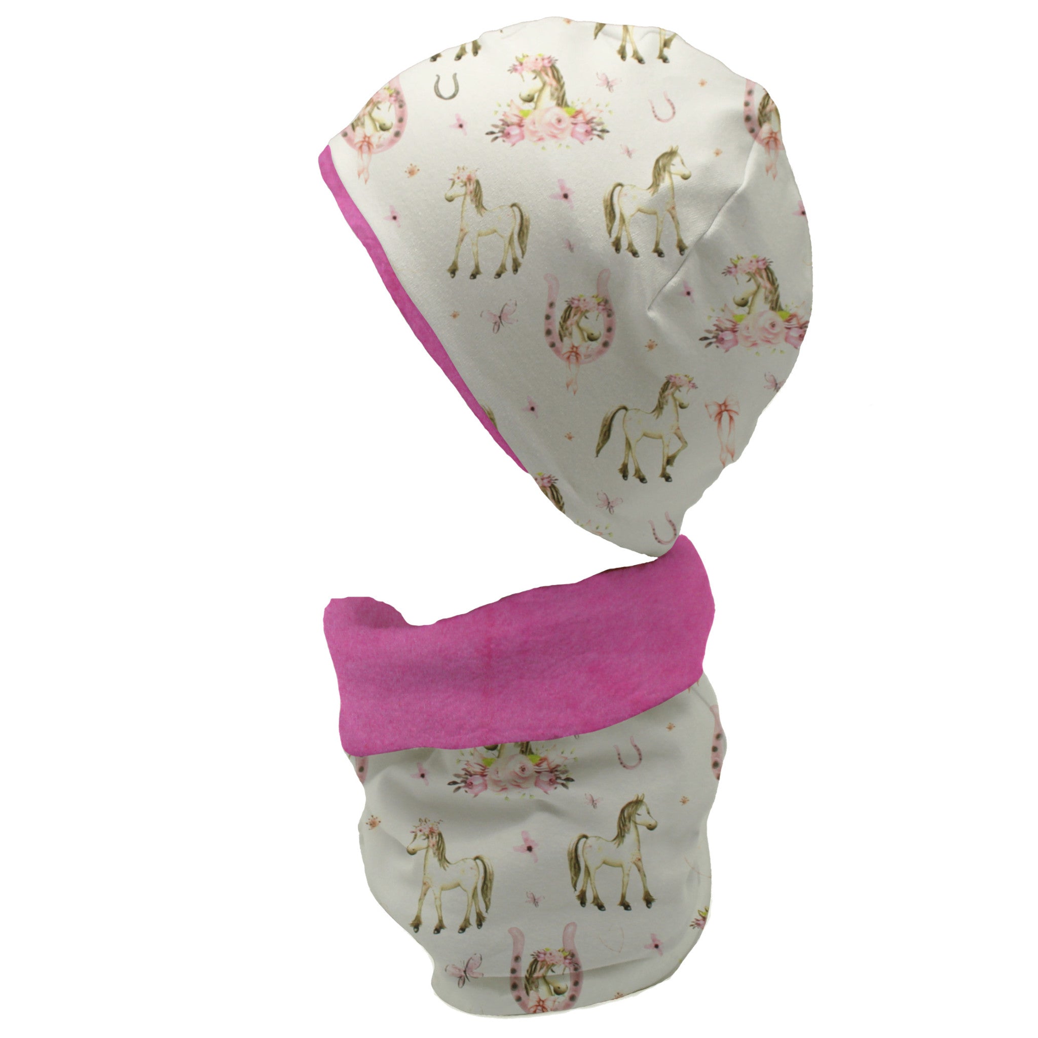 Gefüttertes Mützen und Loop Set für Babys und Kinder "Boho Pferde"