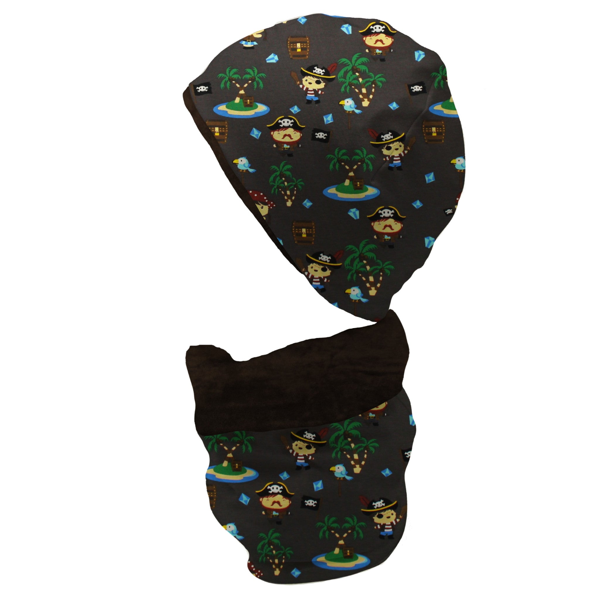 Gefüttertes Mützen und Loop Set für Babys und Kinder "Inselpiraten dunkelbraun"