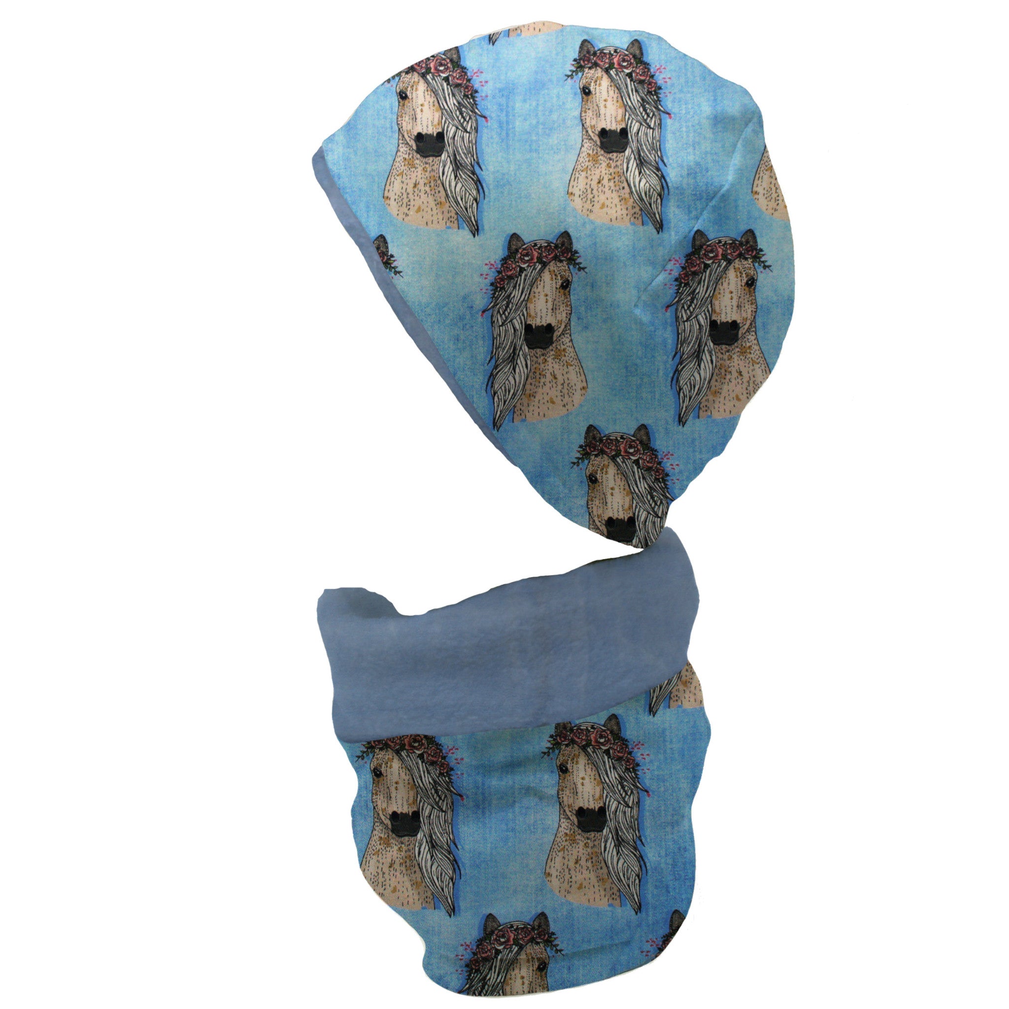 Gefüttertes Mützen und Loop Set für Babys und Kinder "Pferde jeansoptik"