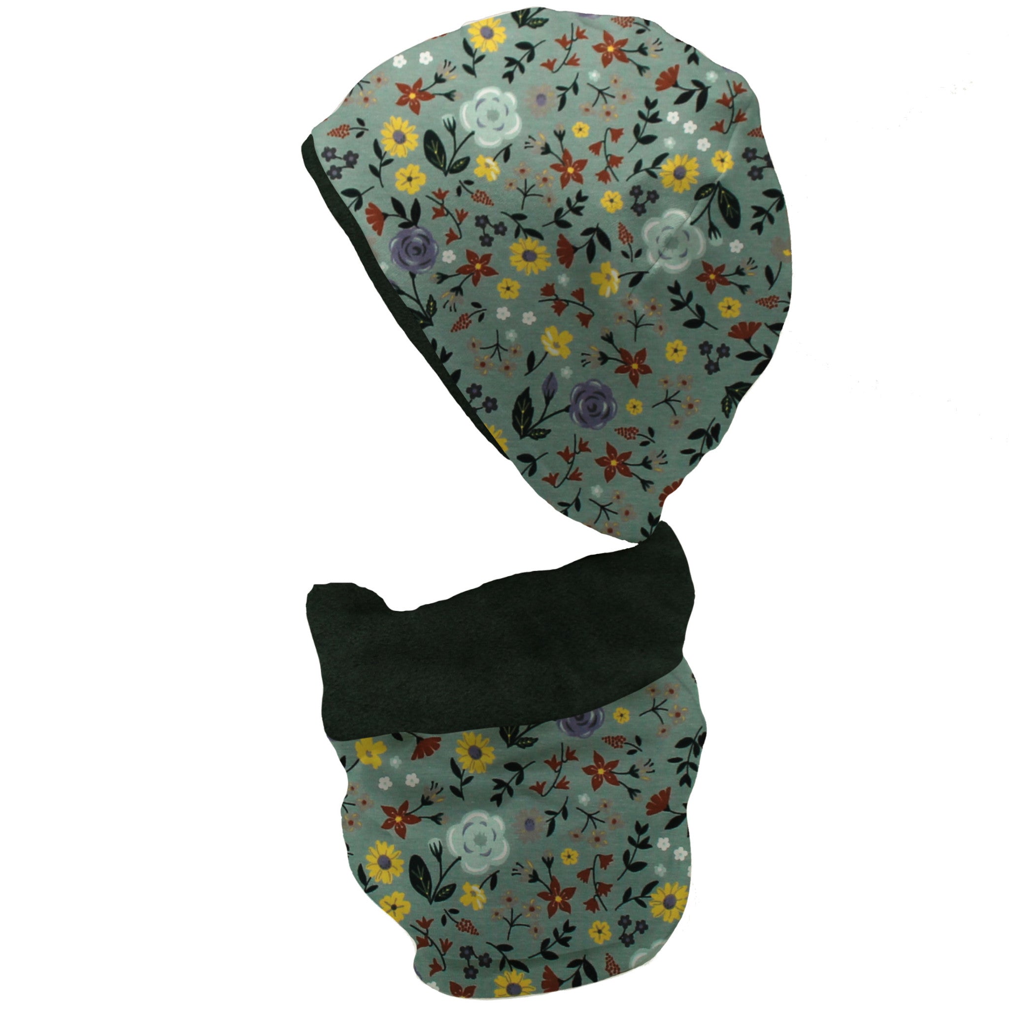 Gefüttertes Mützen und Loop Set für Babys und Kinder „Sommerwiese altgrün“