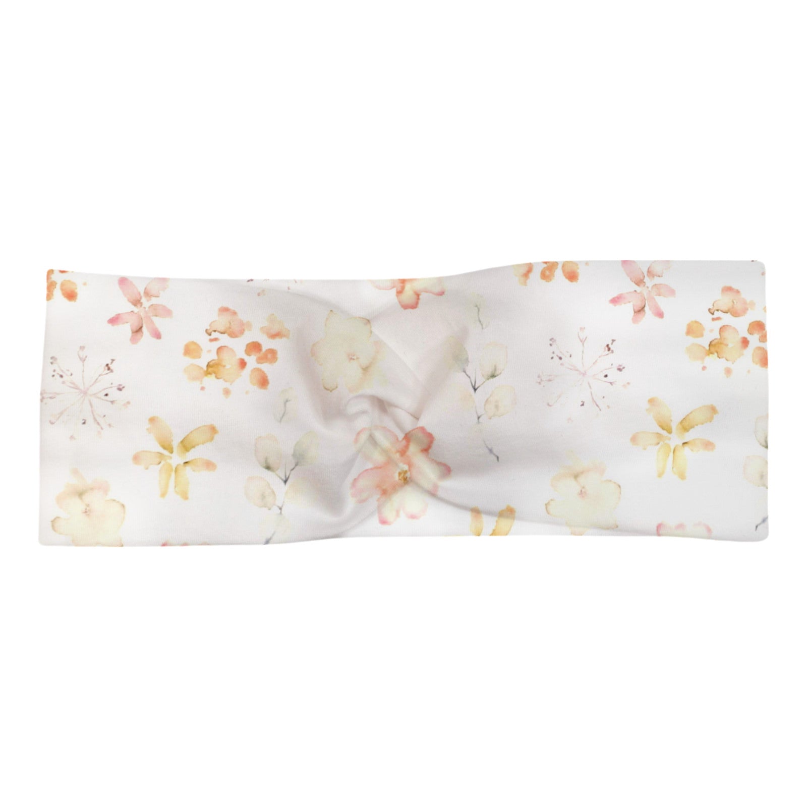 Knotenhaarband für Babys, Kinder und Erwachsen in weiß mit aquarell-Blütendesign in den Farben gelb,  apricot und rosa
