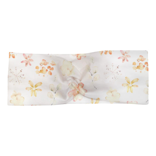 Knotenhaarband für Babys, Kinder und Erwachsen in weiß mit aquarell-Blütendesign in den Farben gelb,  apricot und rosa