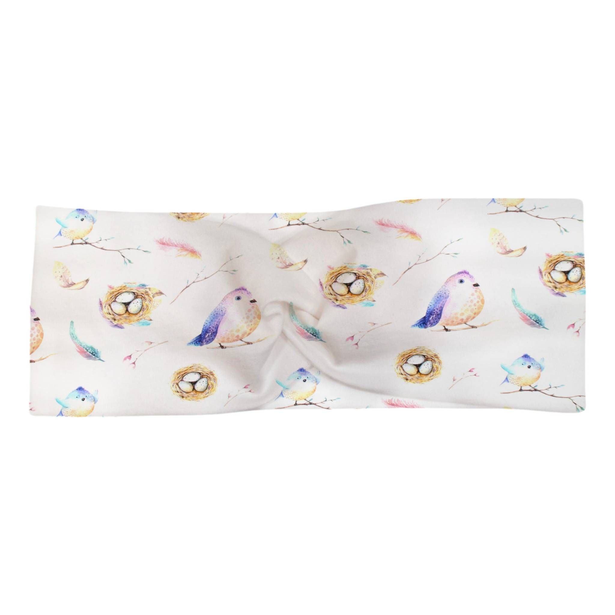 Knotenhaarband für Babys und Kinder in weiß mit süßem Vogel-Print in den Farben beige, lila, türkis und rosa.