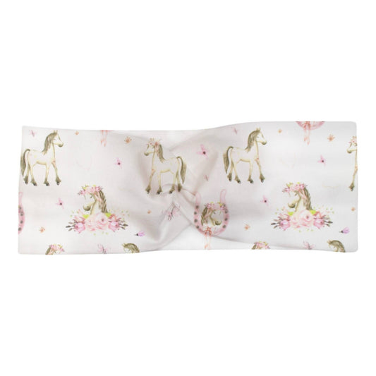 Knotenhaarband "Boho-Pferde" aus weißem Jersey mit Pferde-Print in rosa und beige.