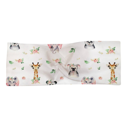 Knotenhaarband "Boho Tiere" in weiß mit süßen Tiergesichtern und kleinen Blümchen.