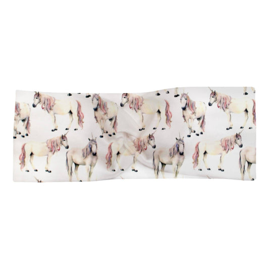 Knotenhaarband "Einhorn" für Babys und Kinder in weiß mit Einhorn-Print in den Farben beige, lila, rosa und schwarz