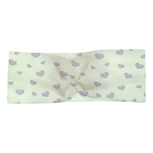Knotenhaarband in mint mit silbernen Glitzerherzen. Bestellbar für Babys, Kinder und Erwachsene.