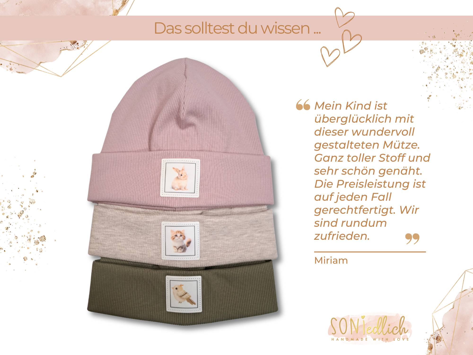 Kindermütze mit farbigem Patch aus Rib-Jersey, Bewertung.