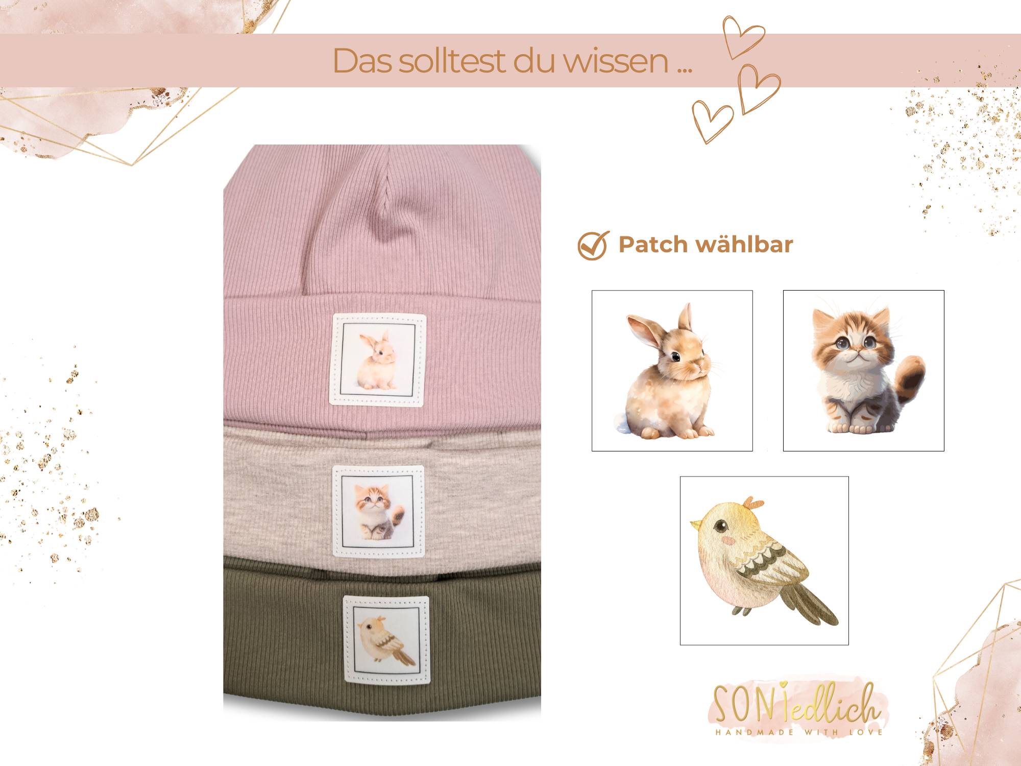 Kindermütze mit farbigem Patch aus Rib-Jersey. Darstellung der unterschiedlichen Patches: Hase, Katze oder Vogel