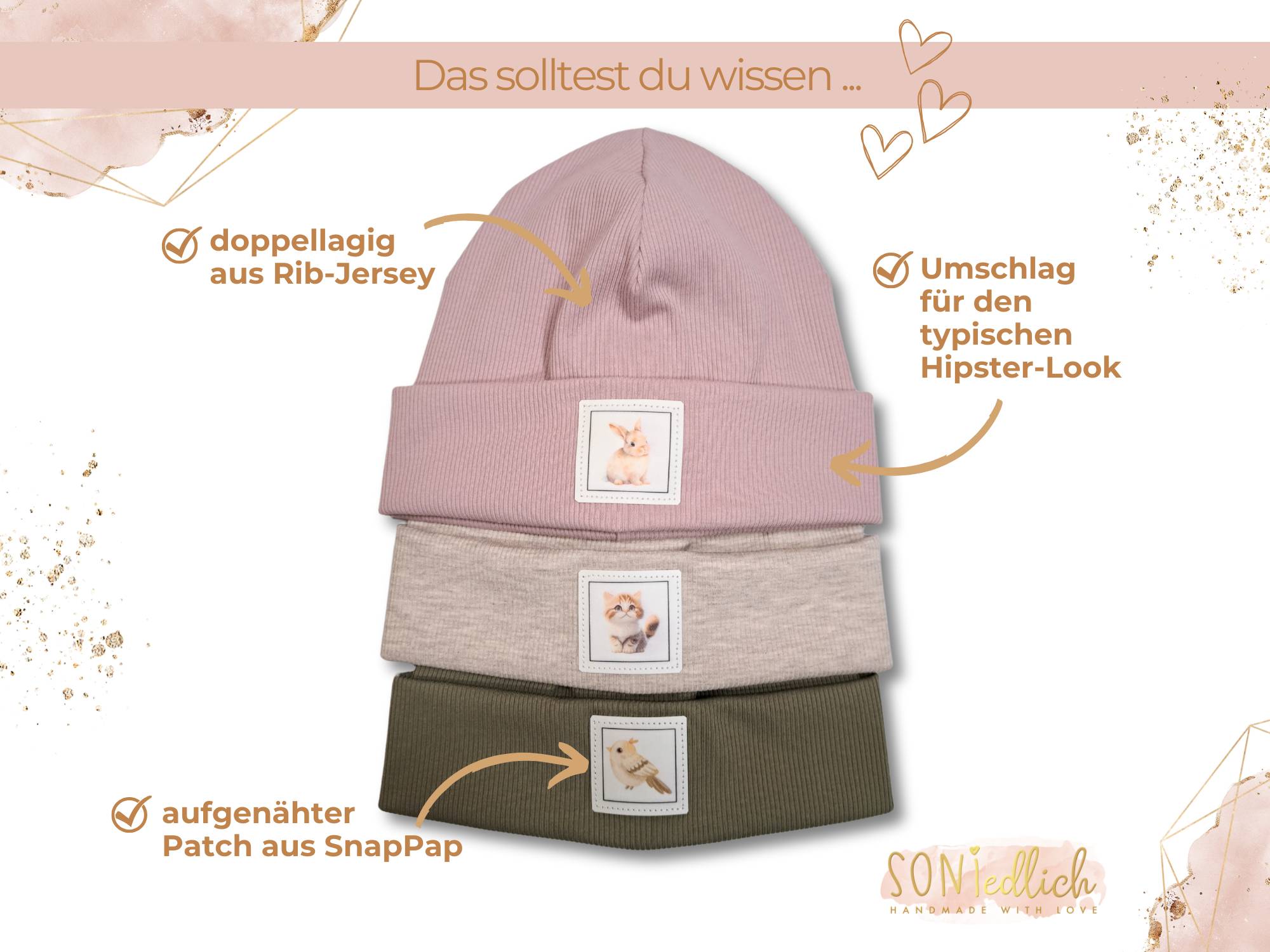 Kindermütze mit farbigem Patch aus Rib-Jersey. Doppellagig aus Rib-Jersey angefertigt. Umschlag für den typischen Hipster-Look. Aufgenähter Patch aus Snap.