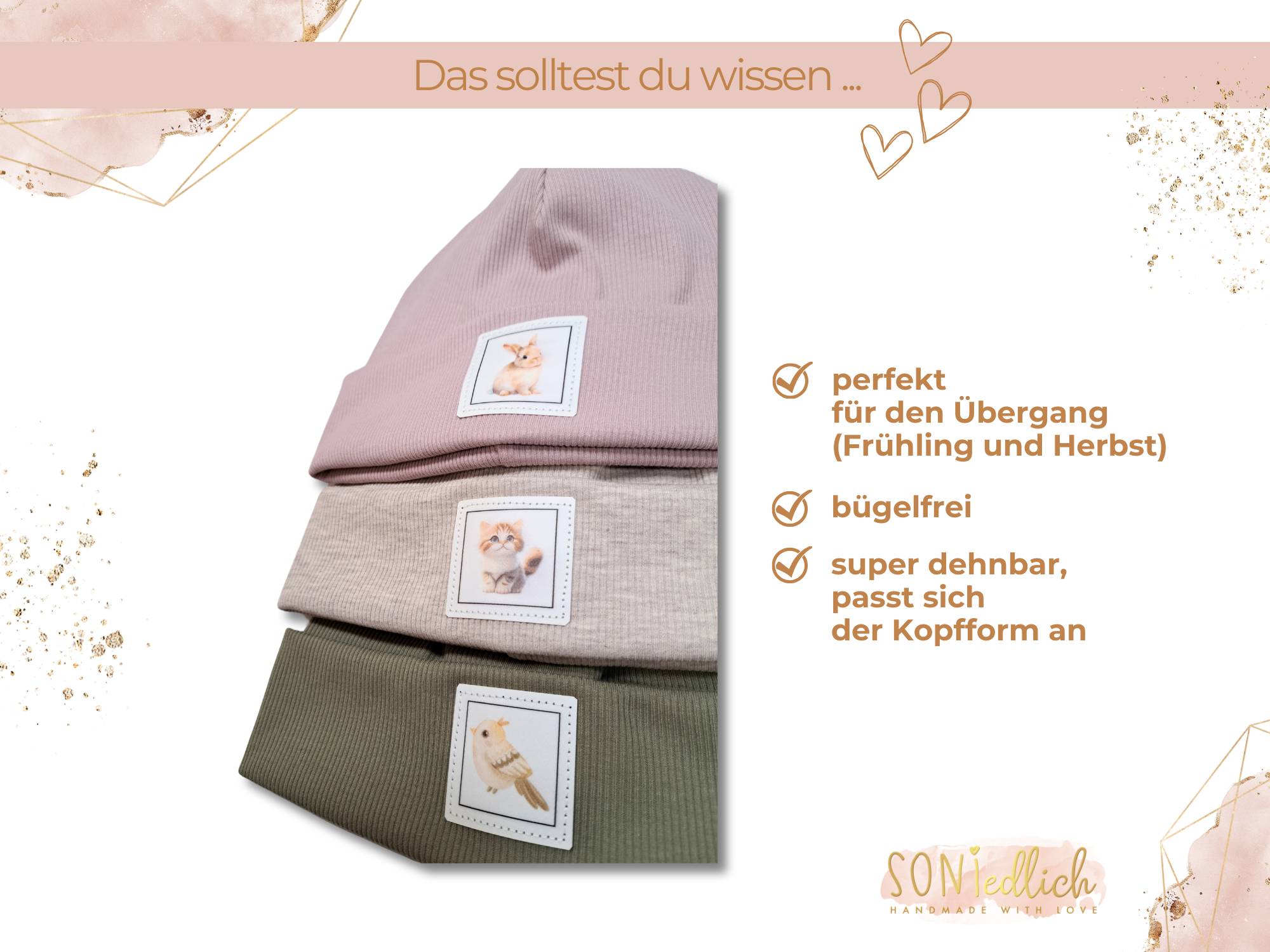 Kindermütze mit farbigem Patch aus Rib-Jersey. Perfekt für den Übergang im Frühling oder Herbst, bügelfrei und sehr dehnbar.