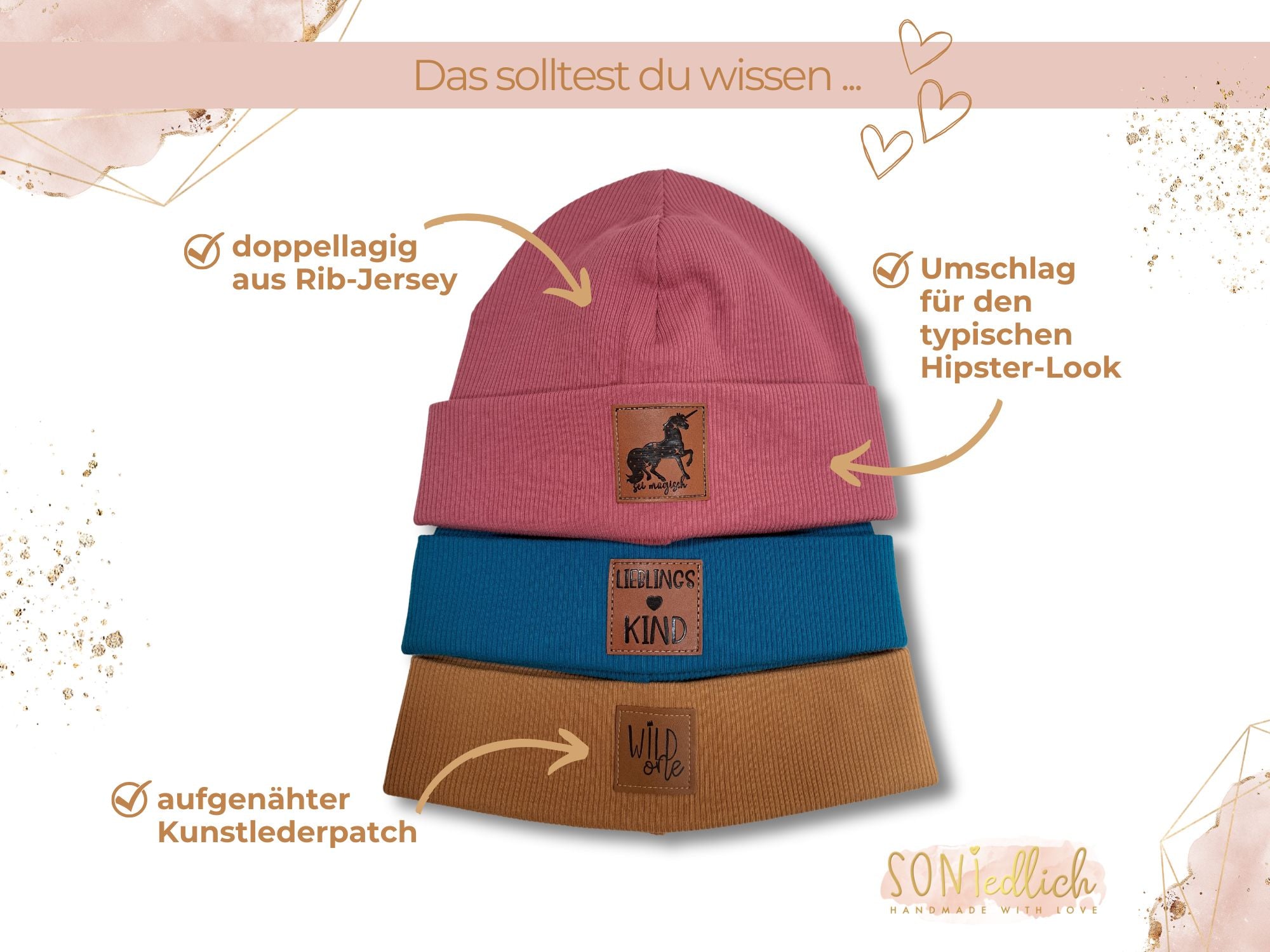 Hipster-Beanie aus Rib-Jersey, Details Kunstleder-Patch.