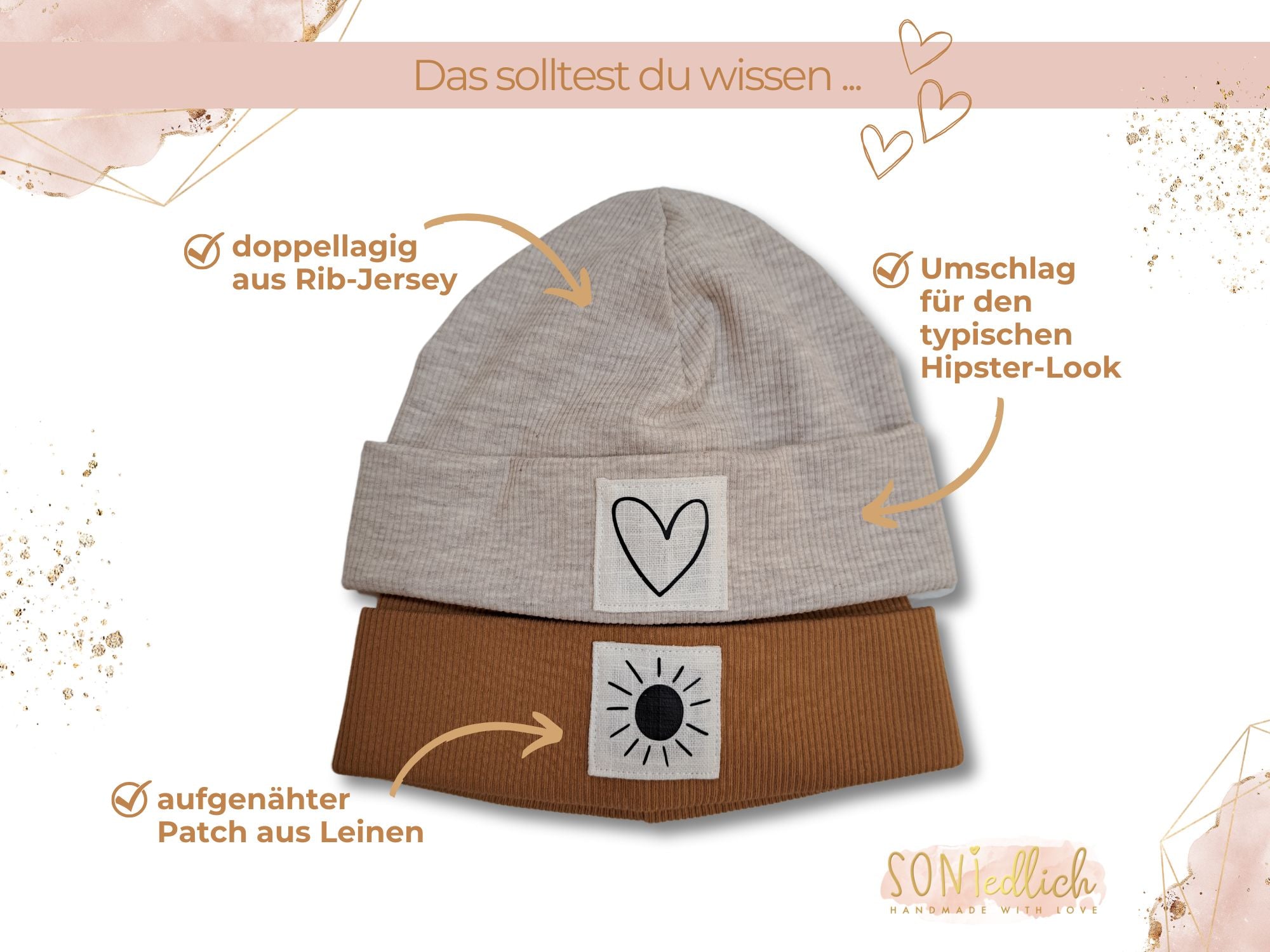 Hipster-Beanie aus Rib-Jersey. Details der Leinenpatches.