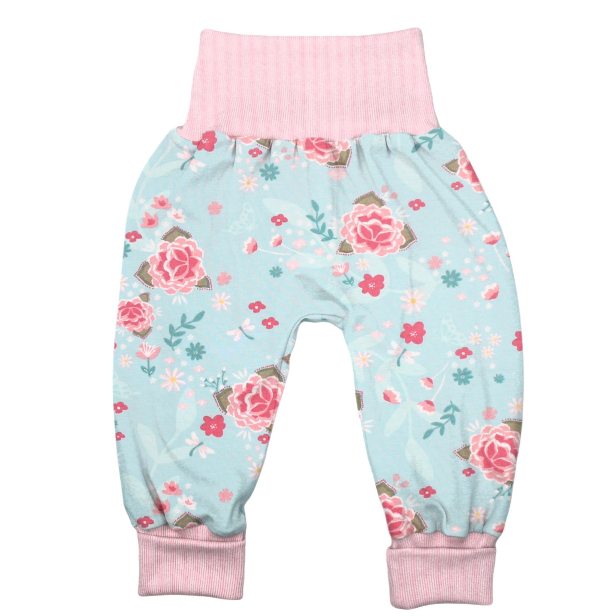 Lange Pumphose für Babys und Kinder „Blumen türkis“