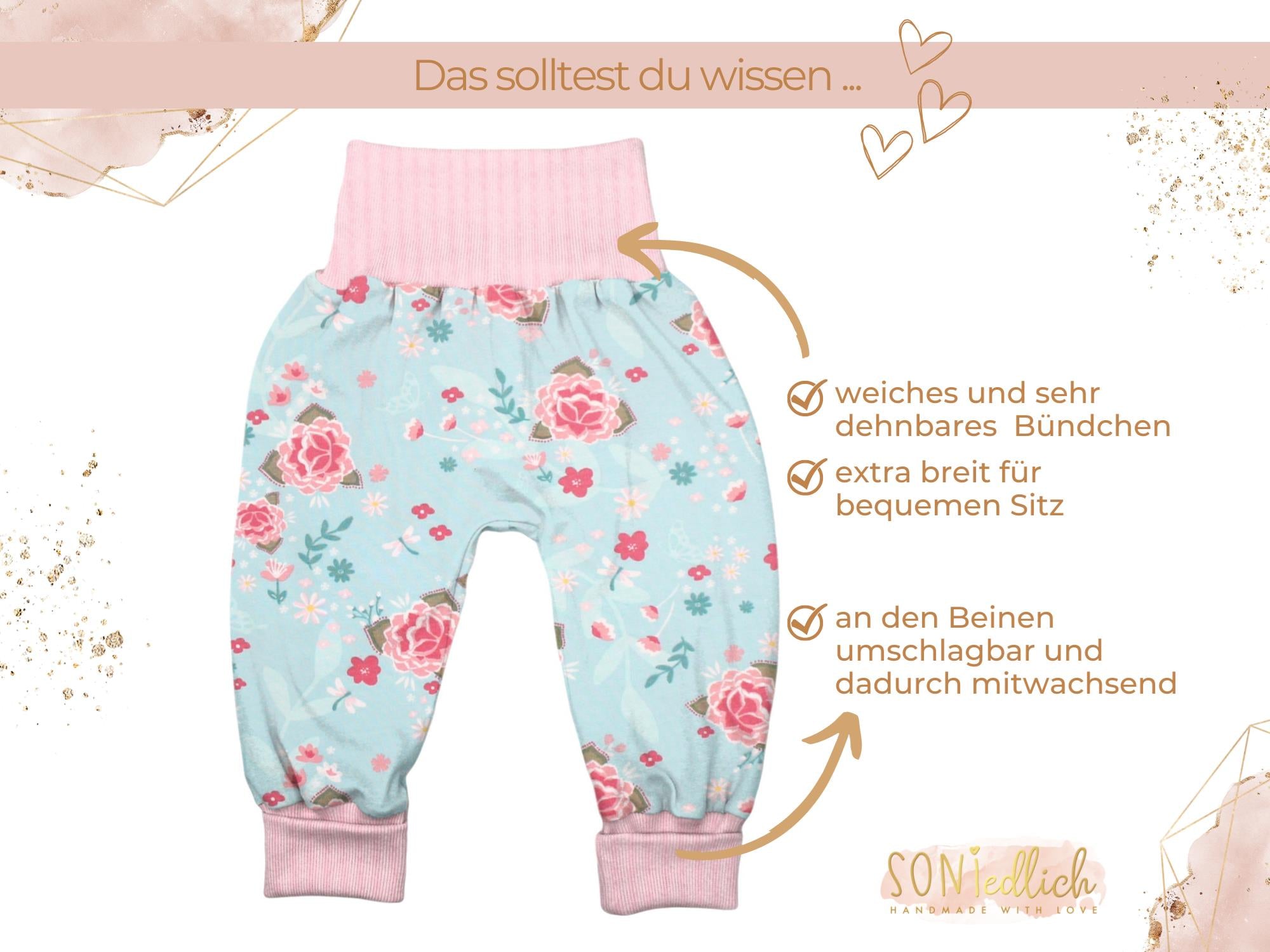 Lange Pumphose für Babys und Kinder „Blumen türkis“ Merkmale