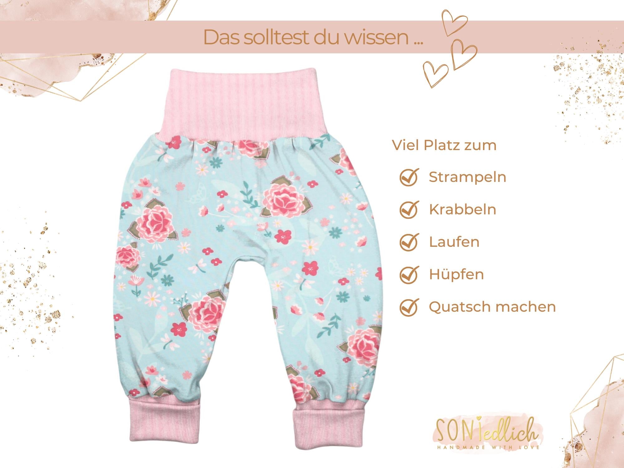 Lange Pumphose für Babys und Kinder „Blumen türkis“ Beschreibung 1