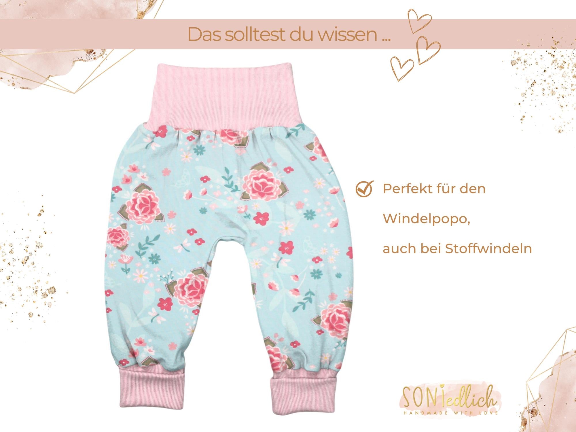 Lange Pumphose für Babys und Kinder „Blumen türkis“ Beschreibung 2