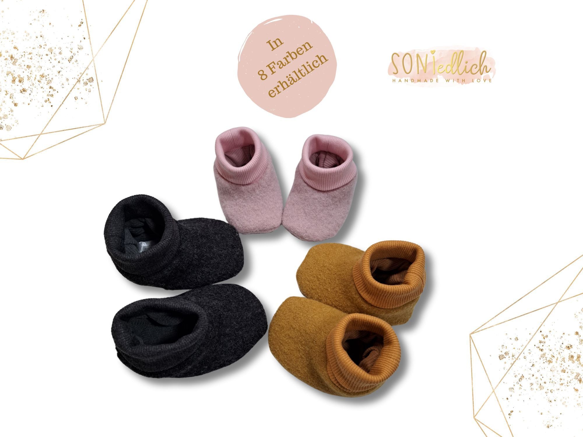 Babyschuhe aus Wollwalk, kuschelig und warm für zarte Babyfüßchen, Detailansicht der Farben rosa, anthrazit und senf