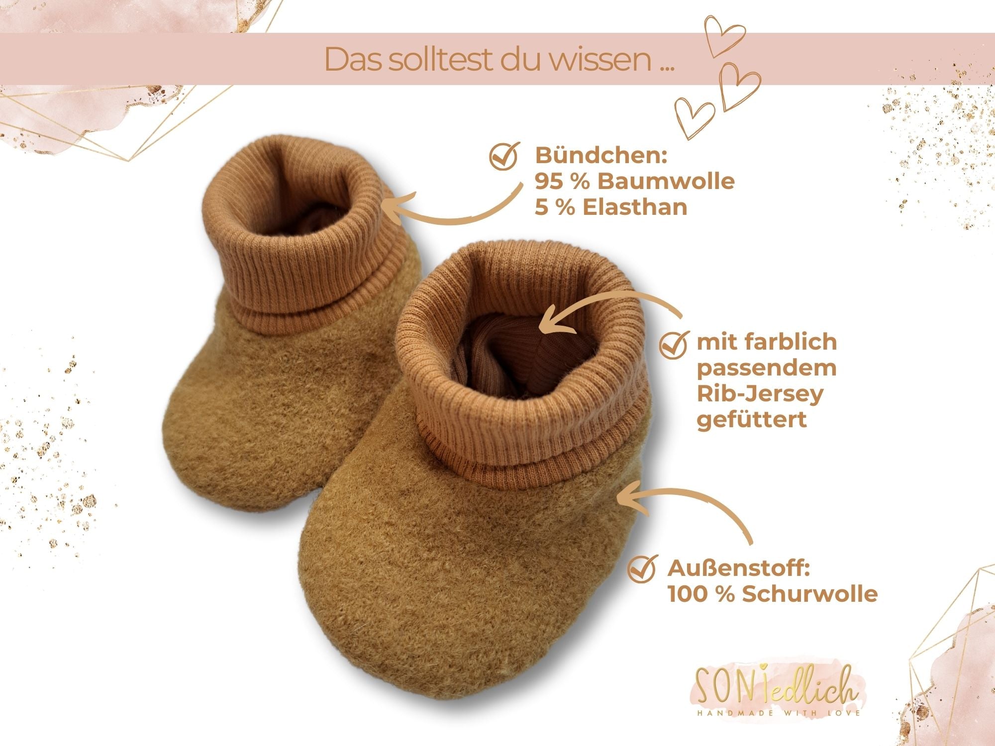 Babyschuhe aus Wollwalk, Außemstoff aus  100 % Schurwolle, mit Rib-Jersey gefüttert