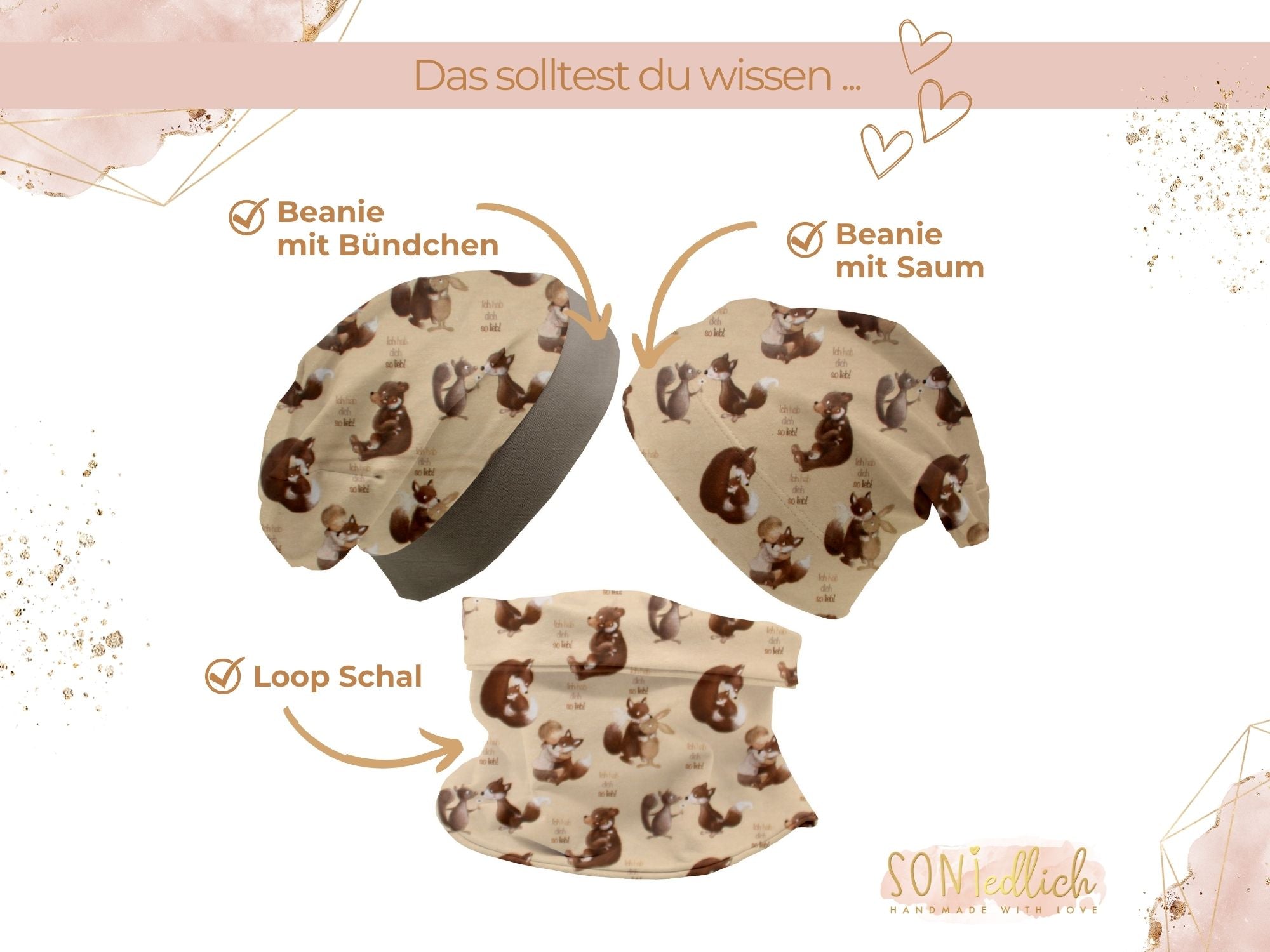Beanie und Loop Set für Babys und Kinder „hab dich lieb", Eigenschaften der Kindermützen und des Loop Schals