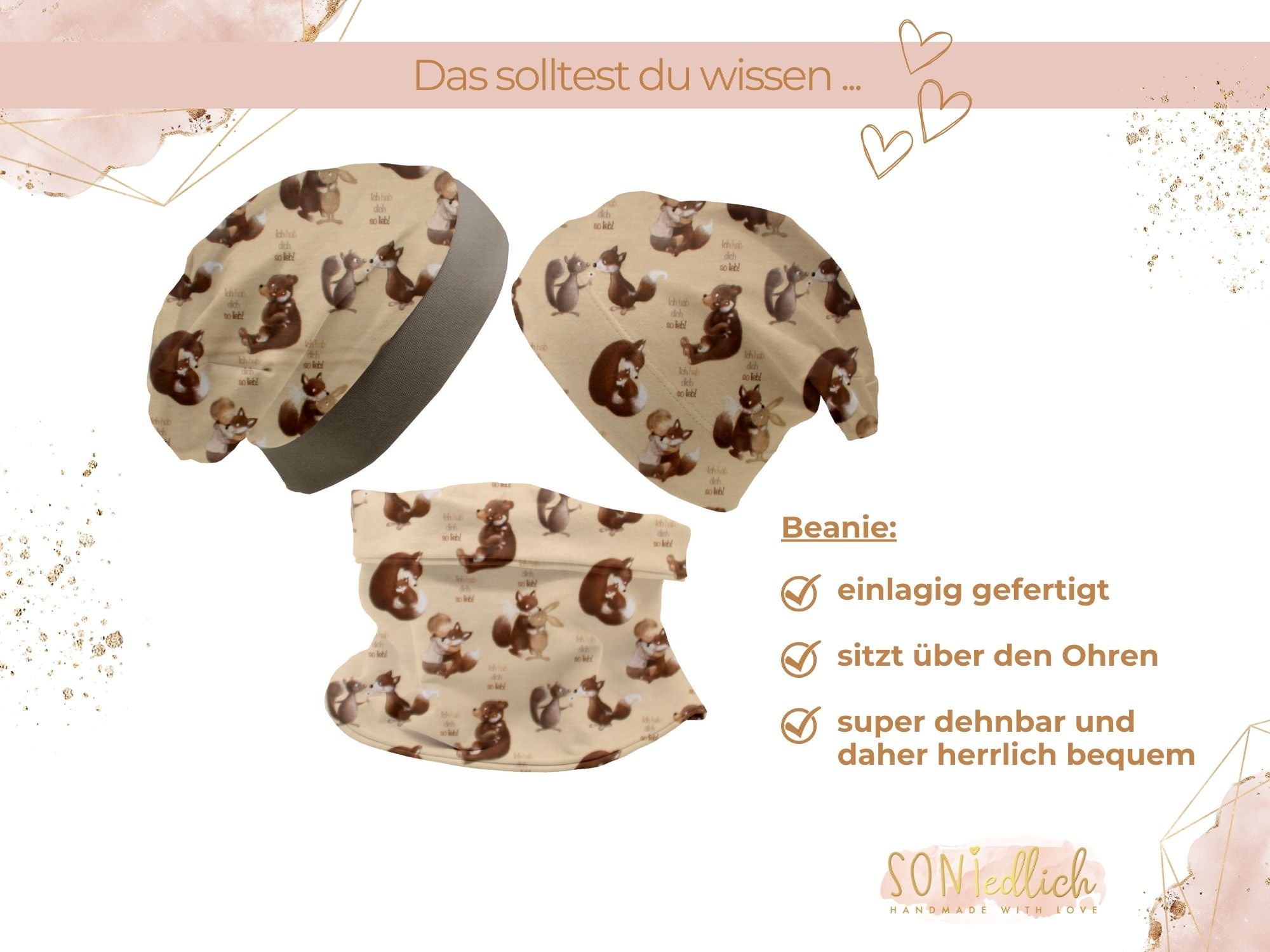 Beanie und Loop Set für Babys und Kinder „hab dich lieb", Details der Beanie