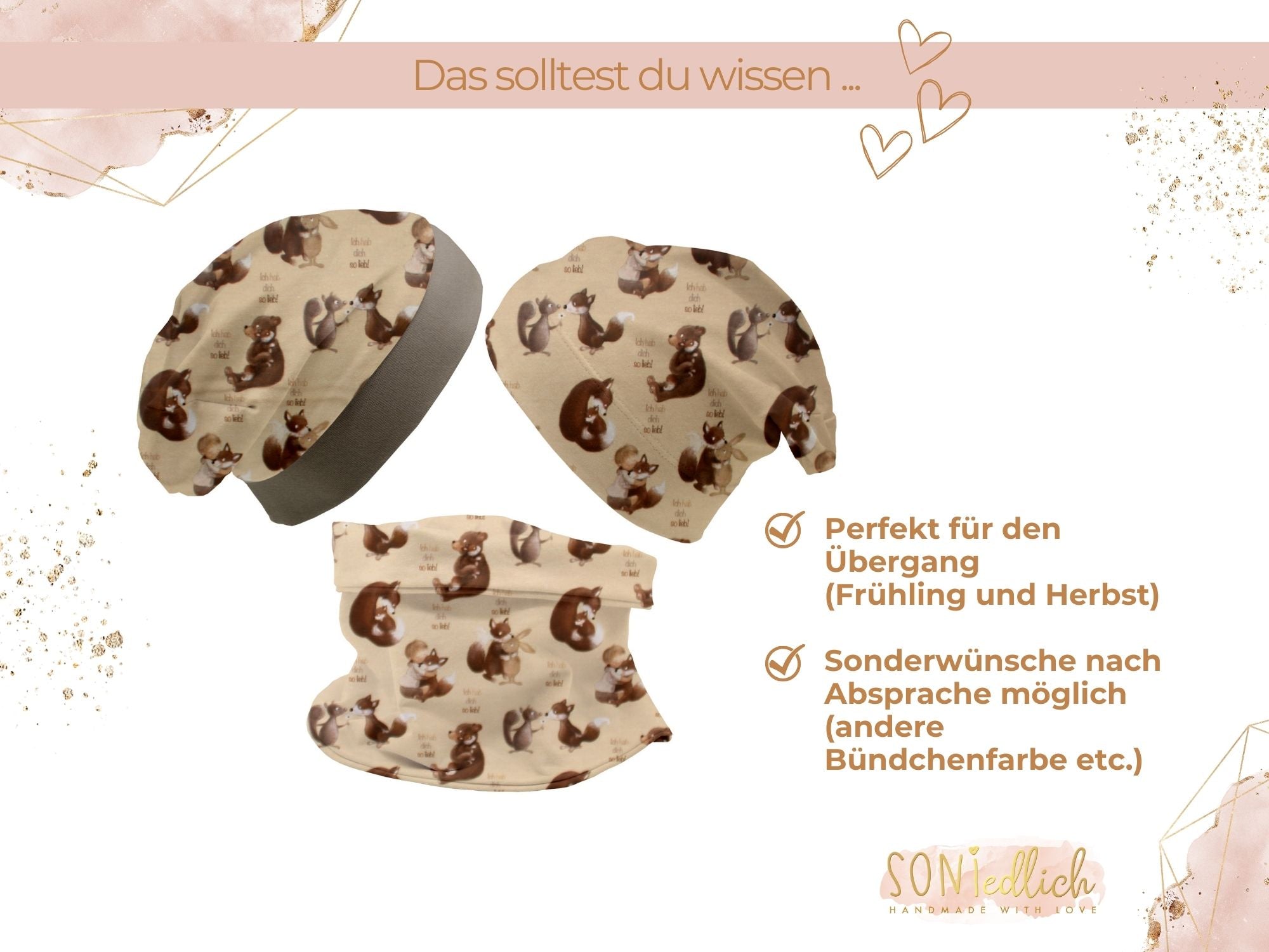Beanie und Loop Set für Babys und Kinder „hab dich lieb", weitere Details der Beanie