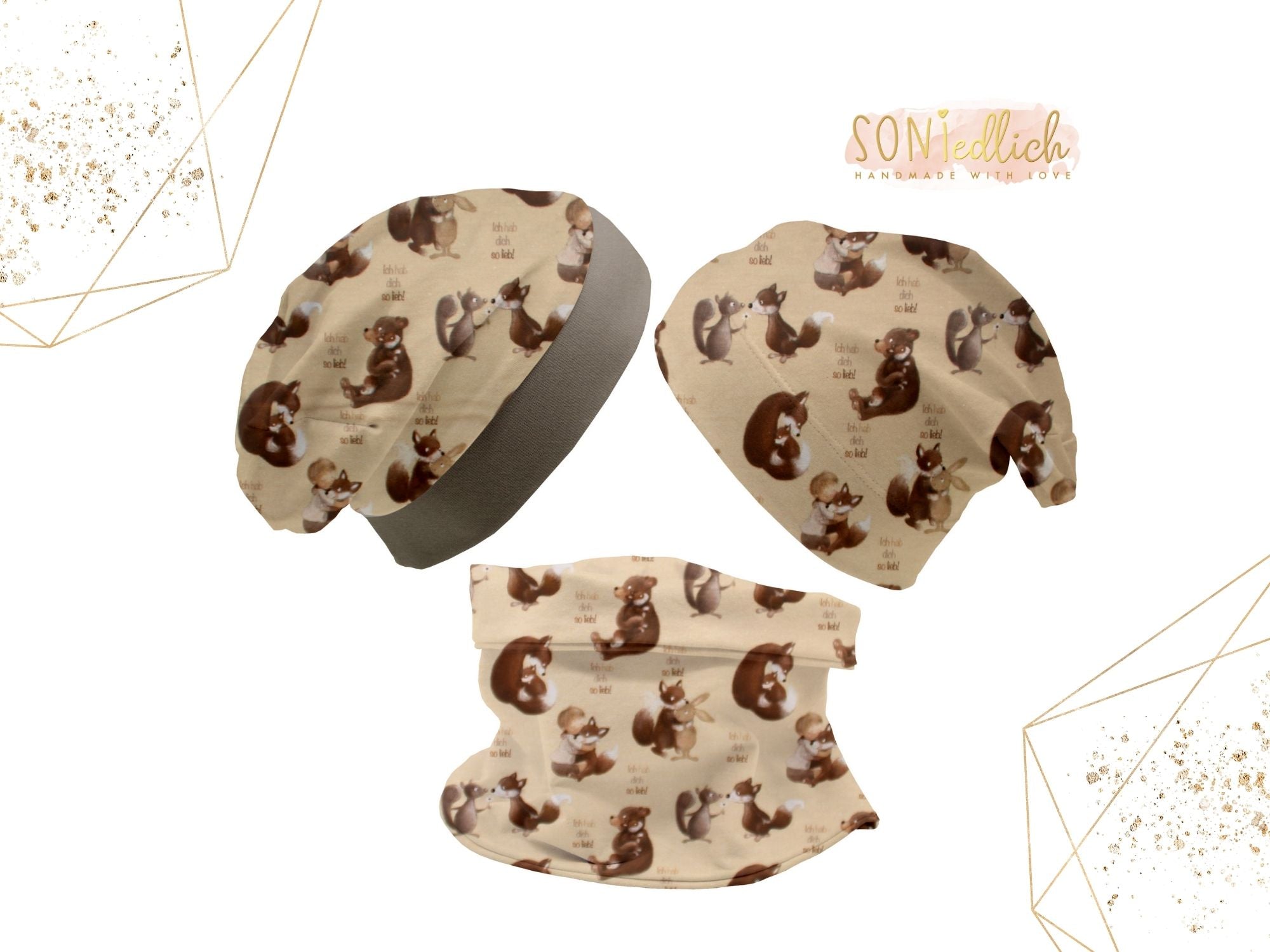 Beanie und Loop Set für Babys und Kinder „hab dich lieb", Detailansicht