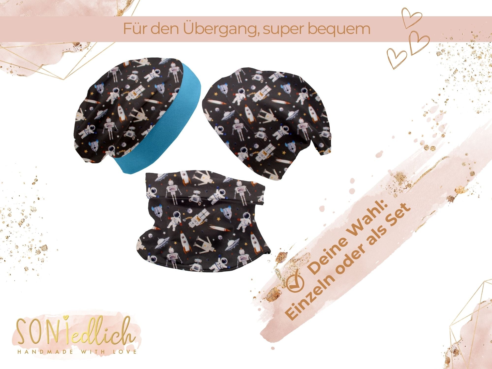 Beanie und Loop Set "Weltall" für Babys und Kinder. Als Set oder einzeln erhältlich.