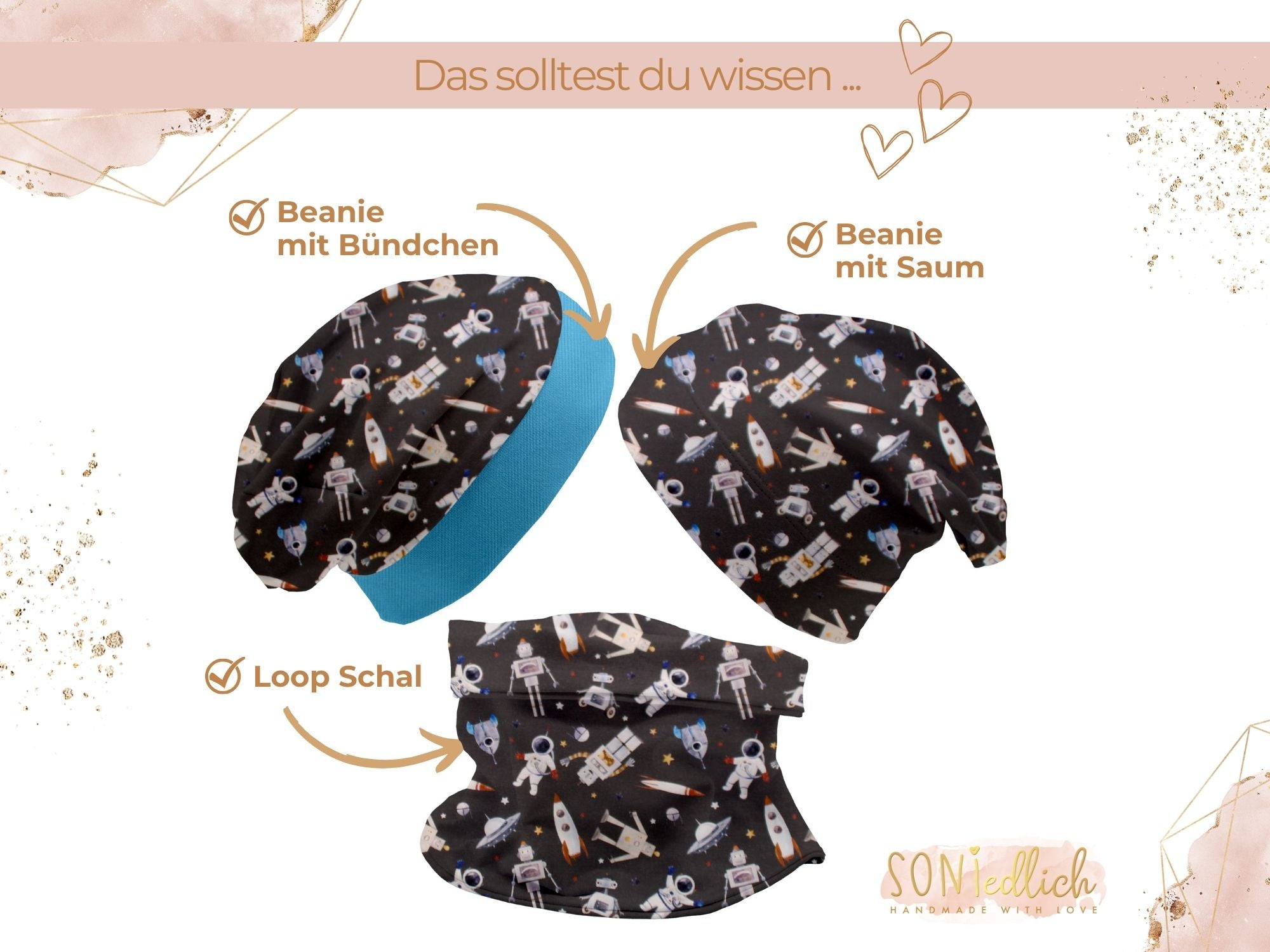 Beanie und Loop Set "Weltall" für Babys und Kinder. Darstellung der Beaniearten und des Loops.