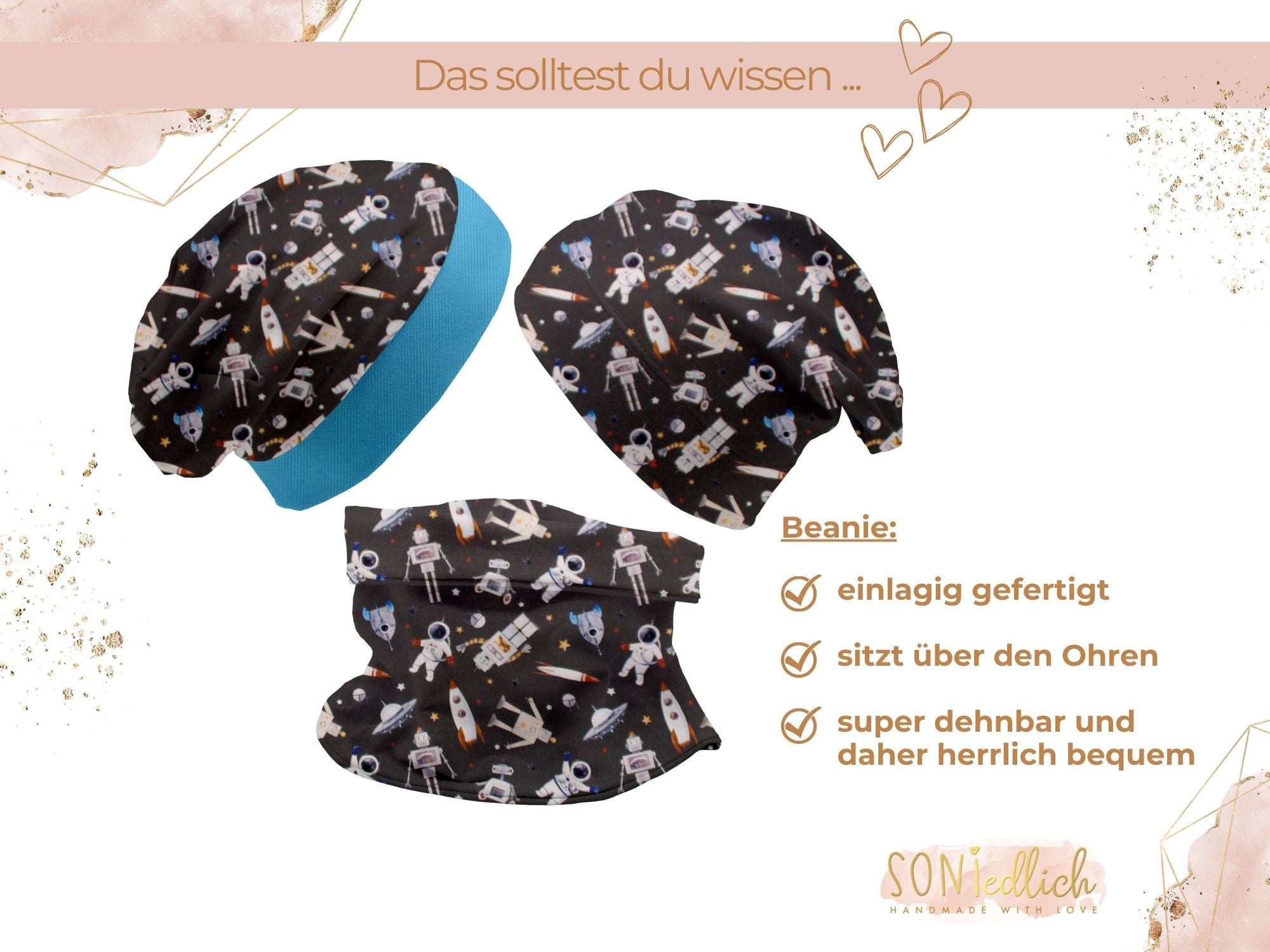 Beanie und Loop Set "Weltall" für Babys und Kinder. Die Beanies sind einlagig angefertigt und sitzen über den Ohren. Sie sind super dehnbar und daher herrlich bequem.