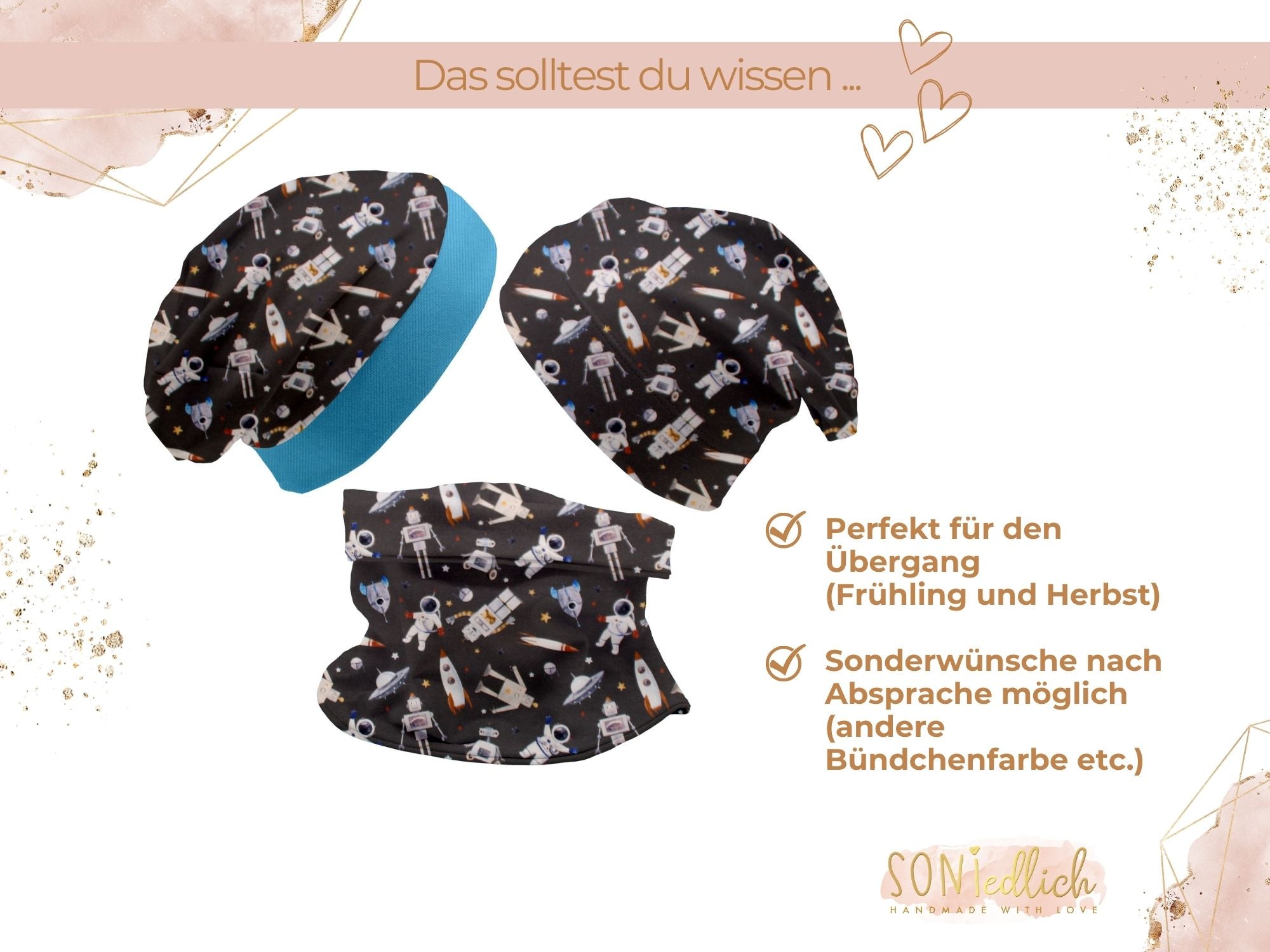 Beanie und Loop Set "Weltall" für Babys und Kinder. Das Set ist perfekt für die Übergangszeit (Frühling und Herbst) geeignet. Sonderwünsche sind nach Absprache möglich.