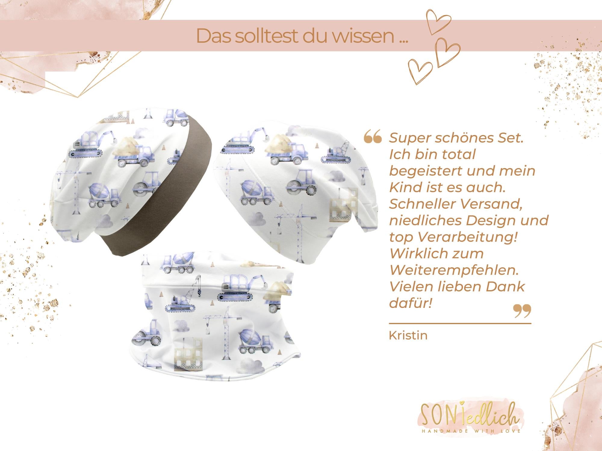 Beanie und Loop Set für Babys und Kinder "Baustelle pastell", Bewertungstext