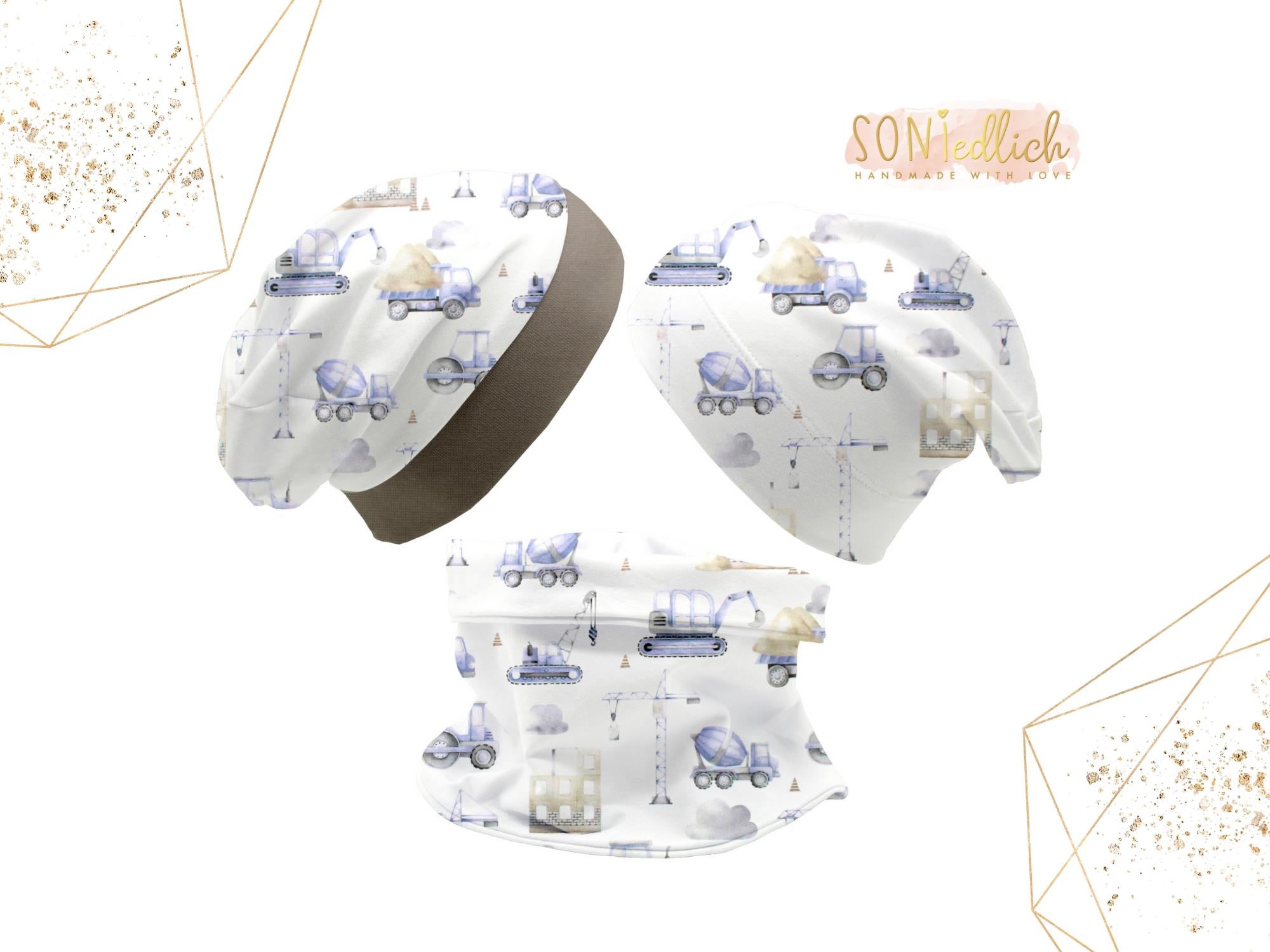 Beanie und Loop Set für Babys und Kinder "Baustelle pastell", mit Logo