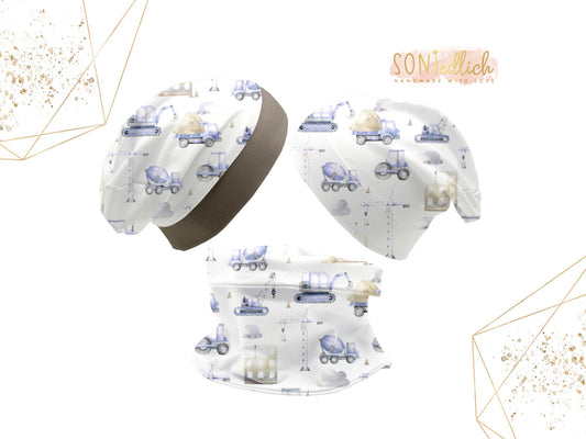 Beanie und Loop Set für Babys und Kinder "Baustelle pastell", mit Logo