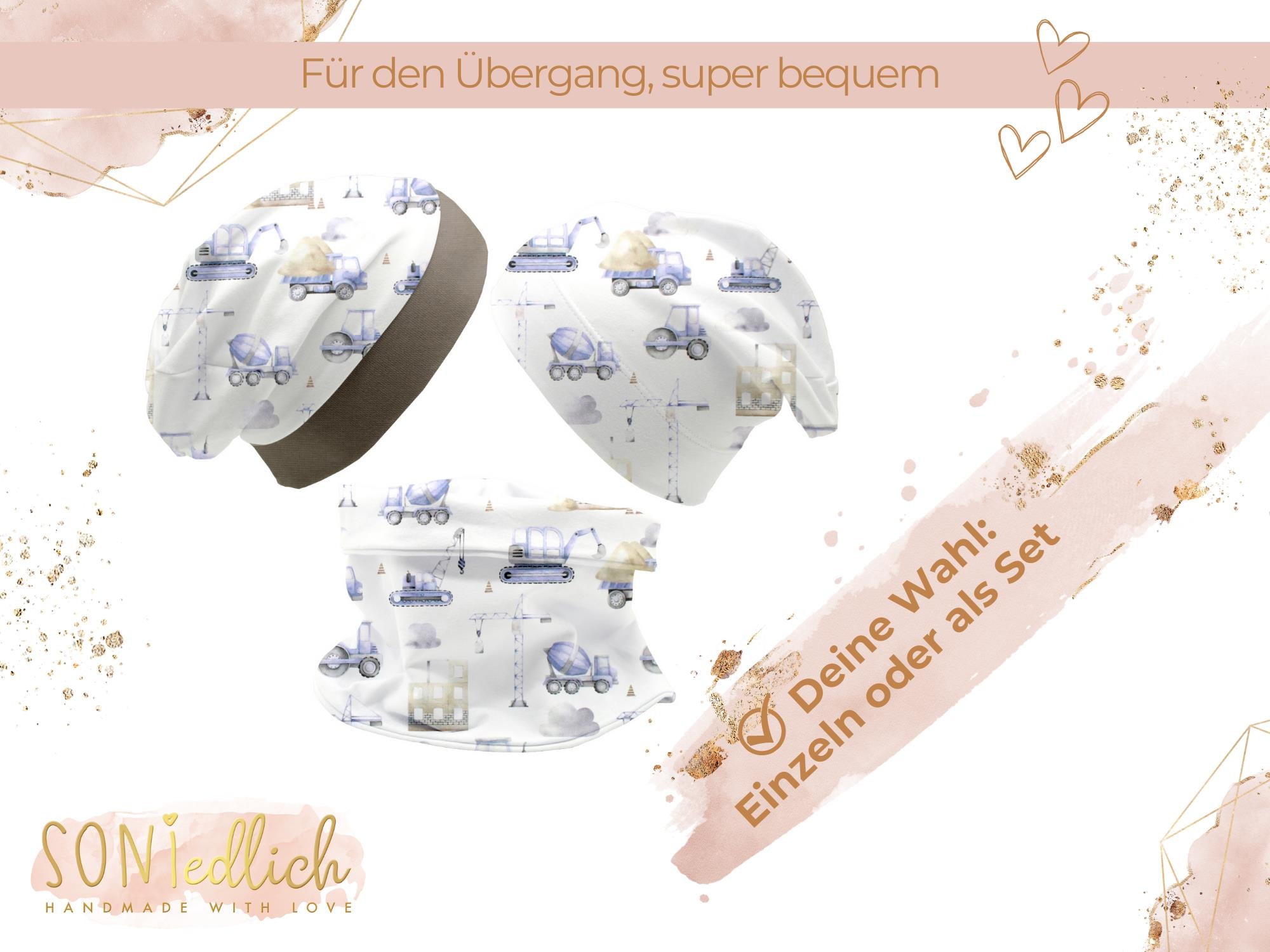 Beanie und Loop Set für Babys und Kinder "Baustelle pastell", Darstellung Auswahl