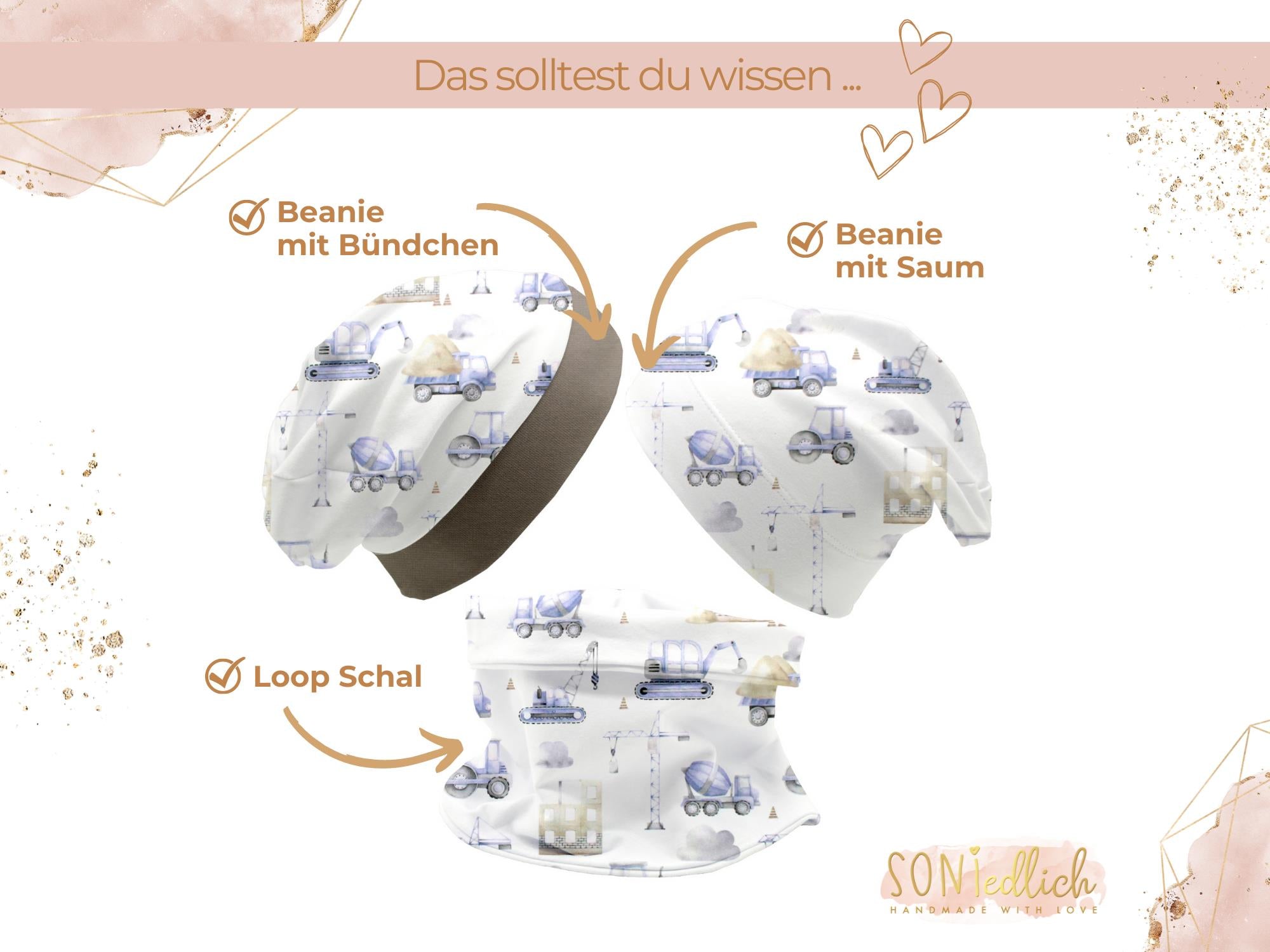 Beanie und Loop Set für Babys und Kinder "Baustelle pastell", Beschreibung Bestandteile