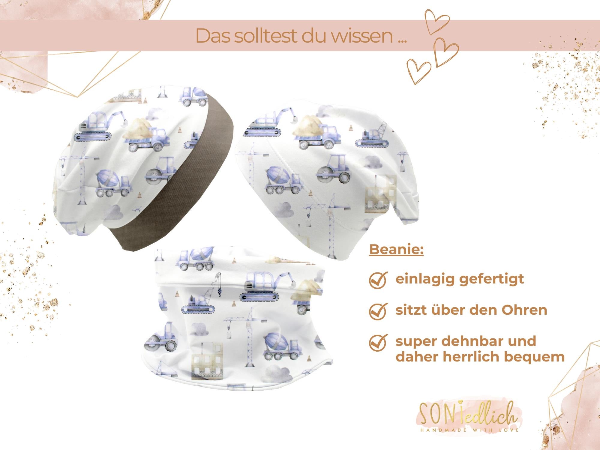 Beanie und Loop Set für Babys und Kinder "Baustelle pastell", Detail Beanie