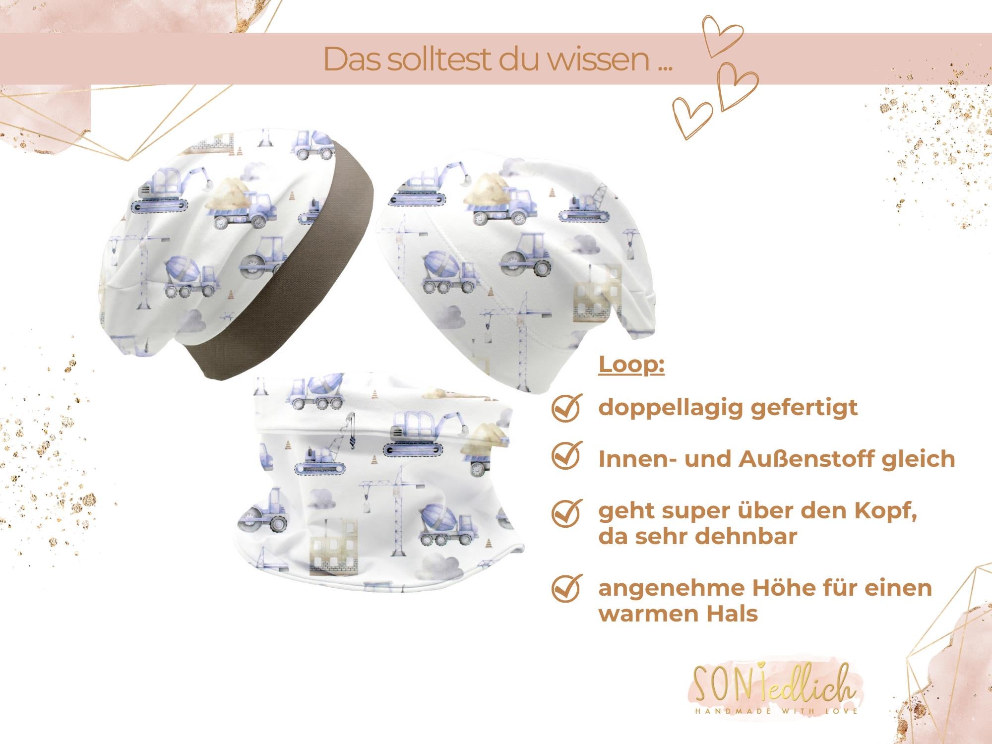 Beanie und Loop Set für Babys und Kinder "Baustelle pastell", Detail Loop