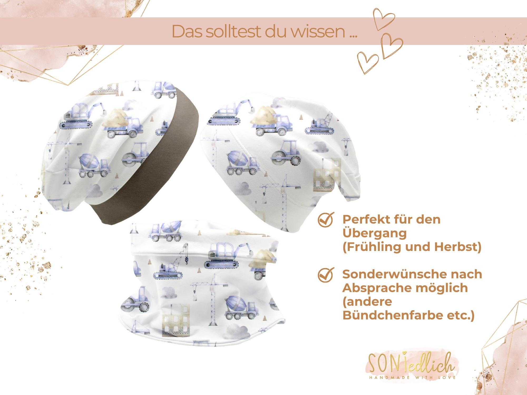 Beanie und Loop Set für Babys und Kinder "Baustelle pastell" mit Beschreibung