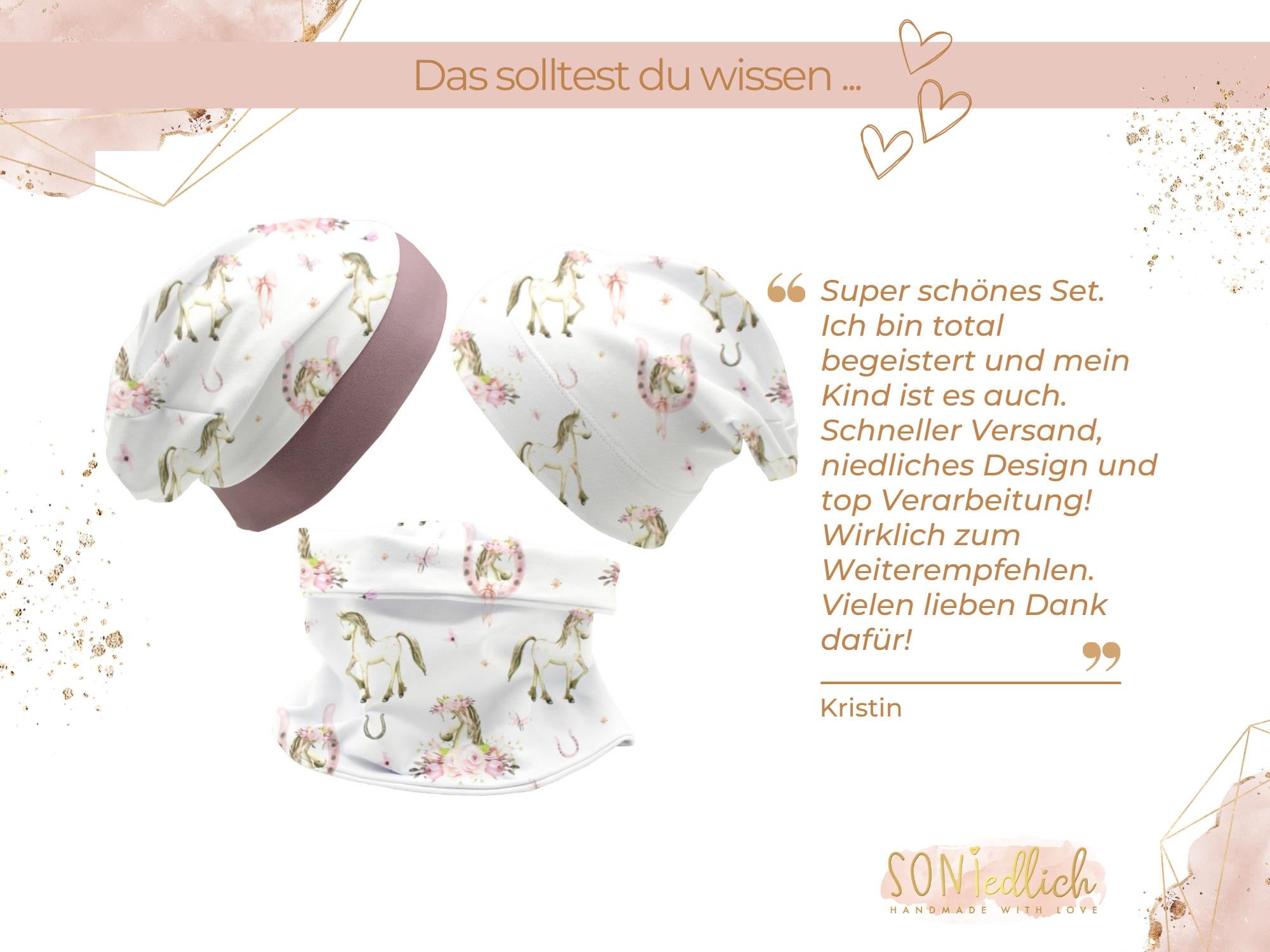 Beanie und Loop Set für Babys und Kinder "Boho Pferde", Text Bewertung