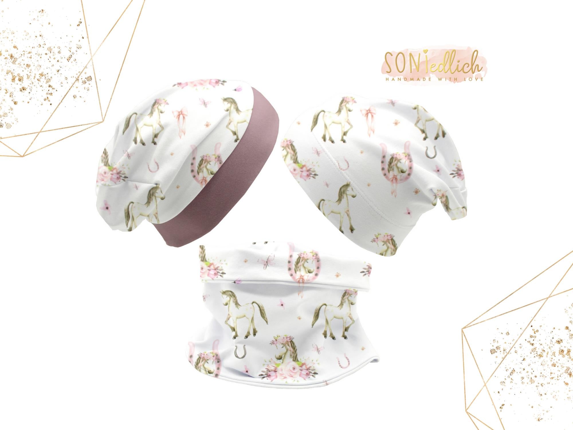 Beanie und Loop Set für Babys und Kinder "Boho Pferde",  mit Logo