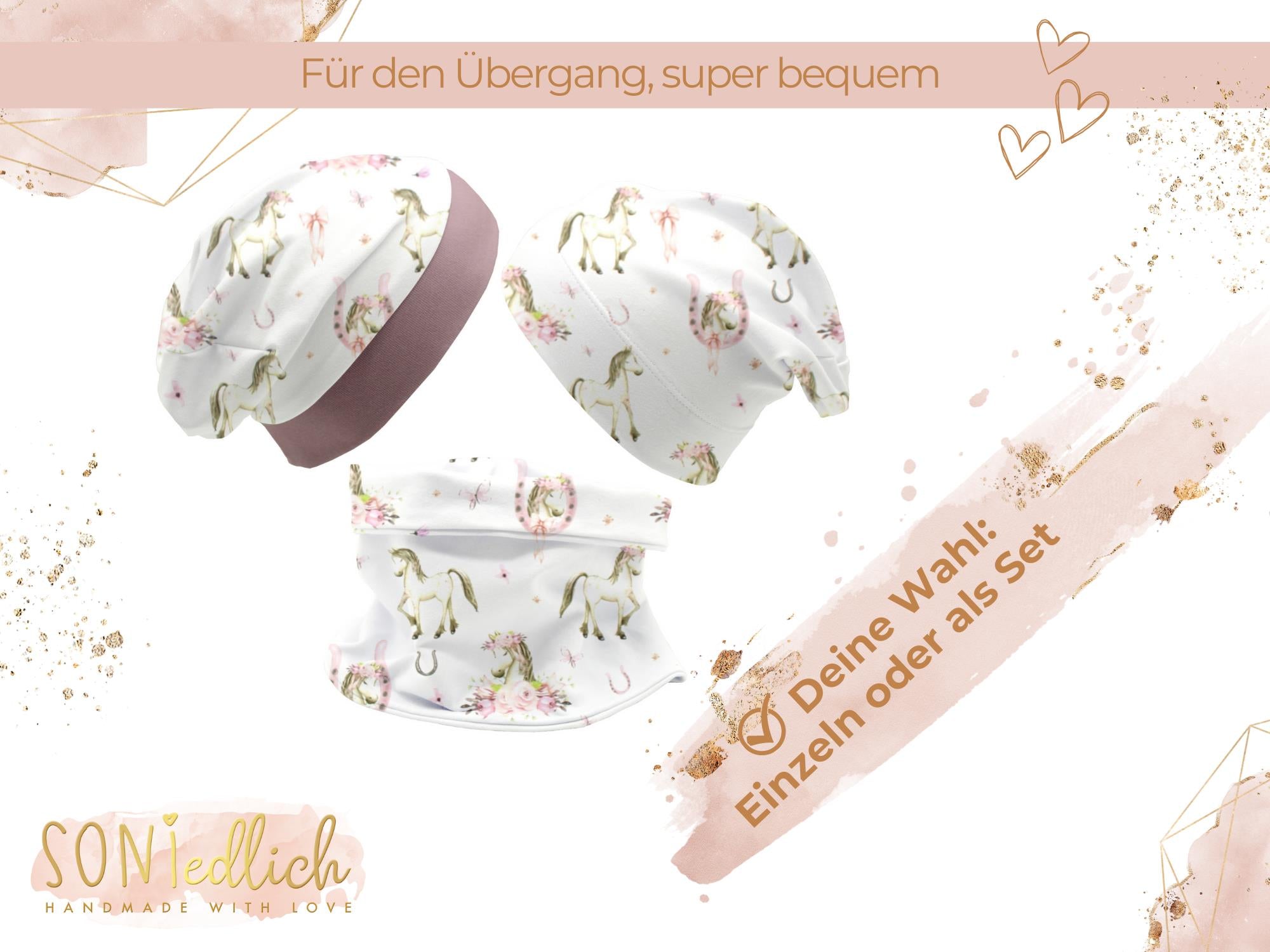 Beanie und Loop Set für Babys und Kinder "Boho Pferde", Auswahl