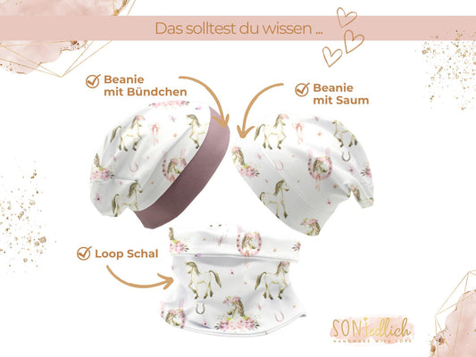 Beanie und Loop Set für Babys und Kinder "Boho Pferde", Beschreibung Bestandteile