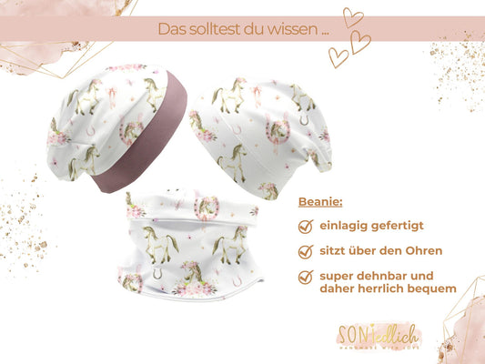 Beanie und Loop Set für Babys und Kinder "Boho Pferde", Detail Beanie