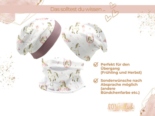 Beanie und Loop Set für Babys und Kinder "Boho Pferde", Beschreibung