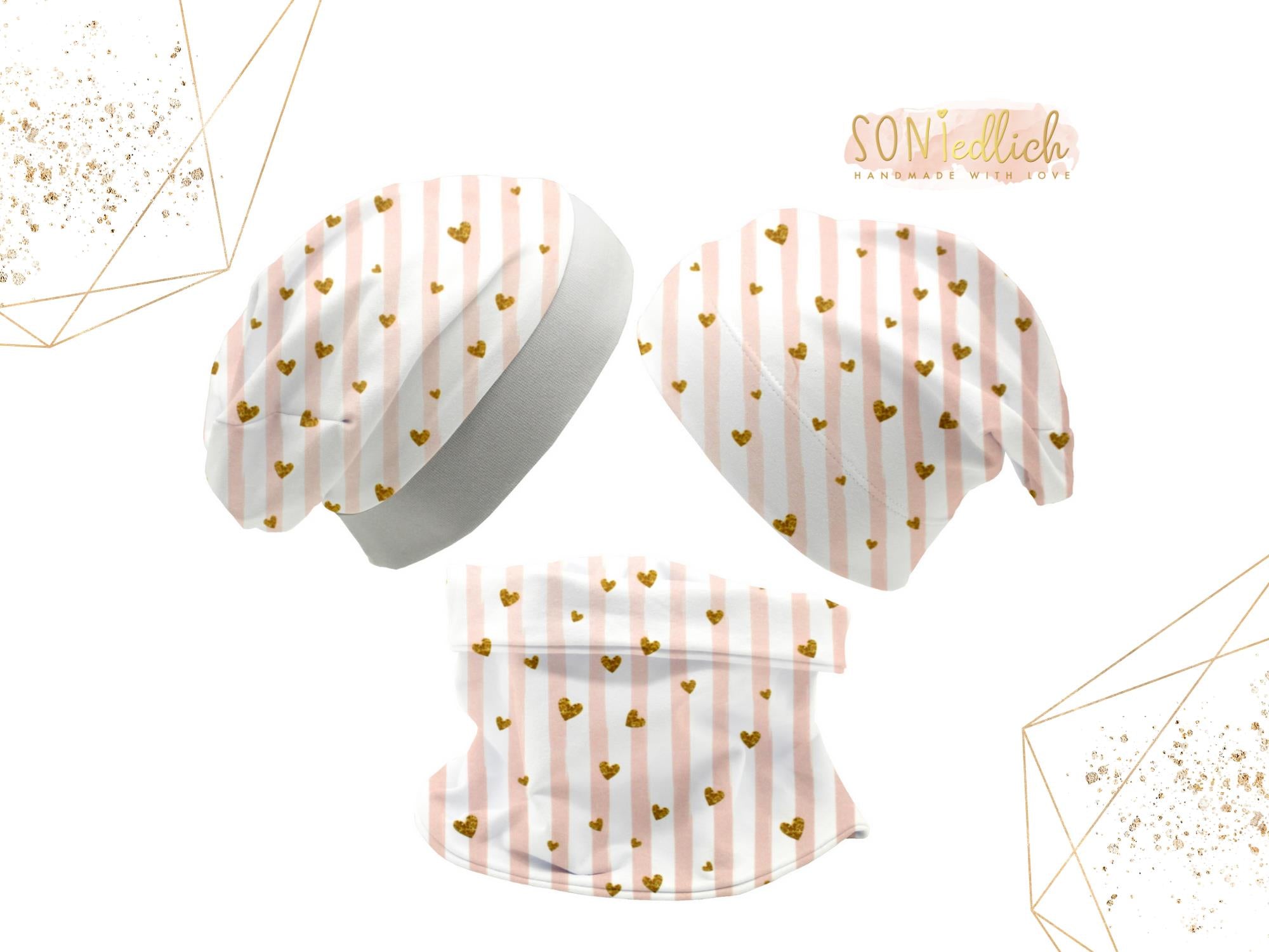 Beanie und Loop Set für Babys und Kinder "Glitzerherzen" mit Logo