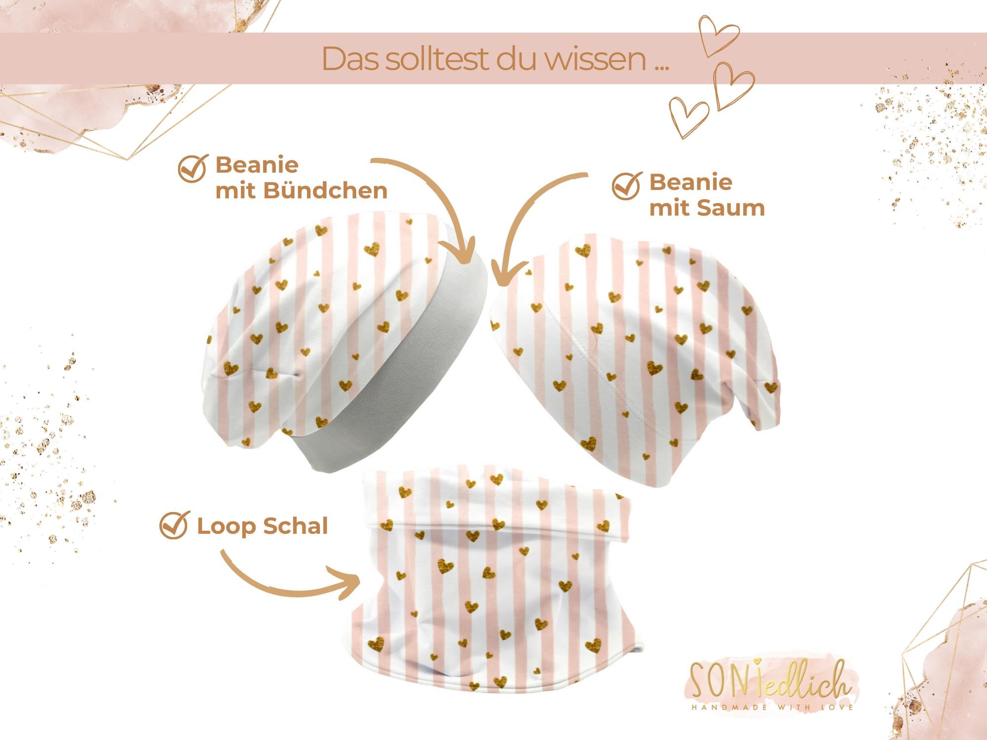 Beanie und Loop Set für Babys und Kinder "Glitzerherzen" Bestandteile